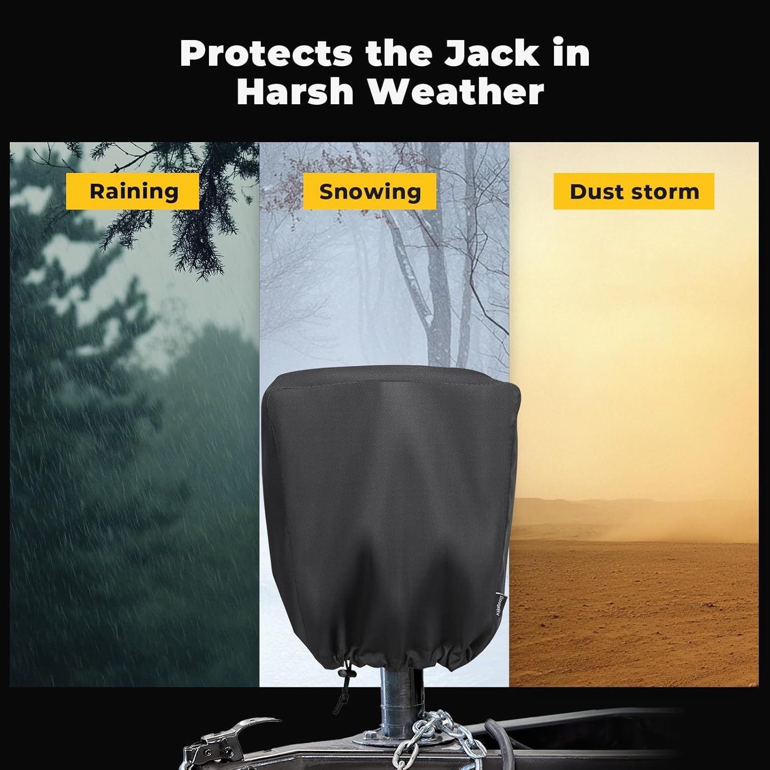 Heavy-Duty 2-Layer 600D Polyester Jack Cover for Electric Tongue Jacks on Campers, RVs, and Trailers—Features Double-Pull Drawstring, Cord Locks, and Reinforced Seams for Outdoor Use (Black) - Image 2