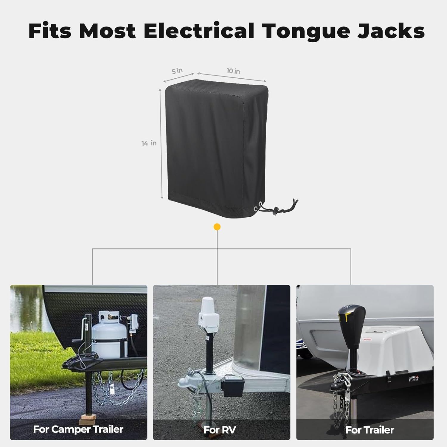 Heavy-Duty 2-Layer 600D Polyester Jack Cover for Electric Tongue Jacks on Campers, RVs, and Trailers—Features Double-Pull Drawstring, Cord Locks, and Reinforced Seams for Outdoor Use (Black) - Image 4