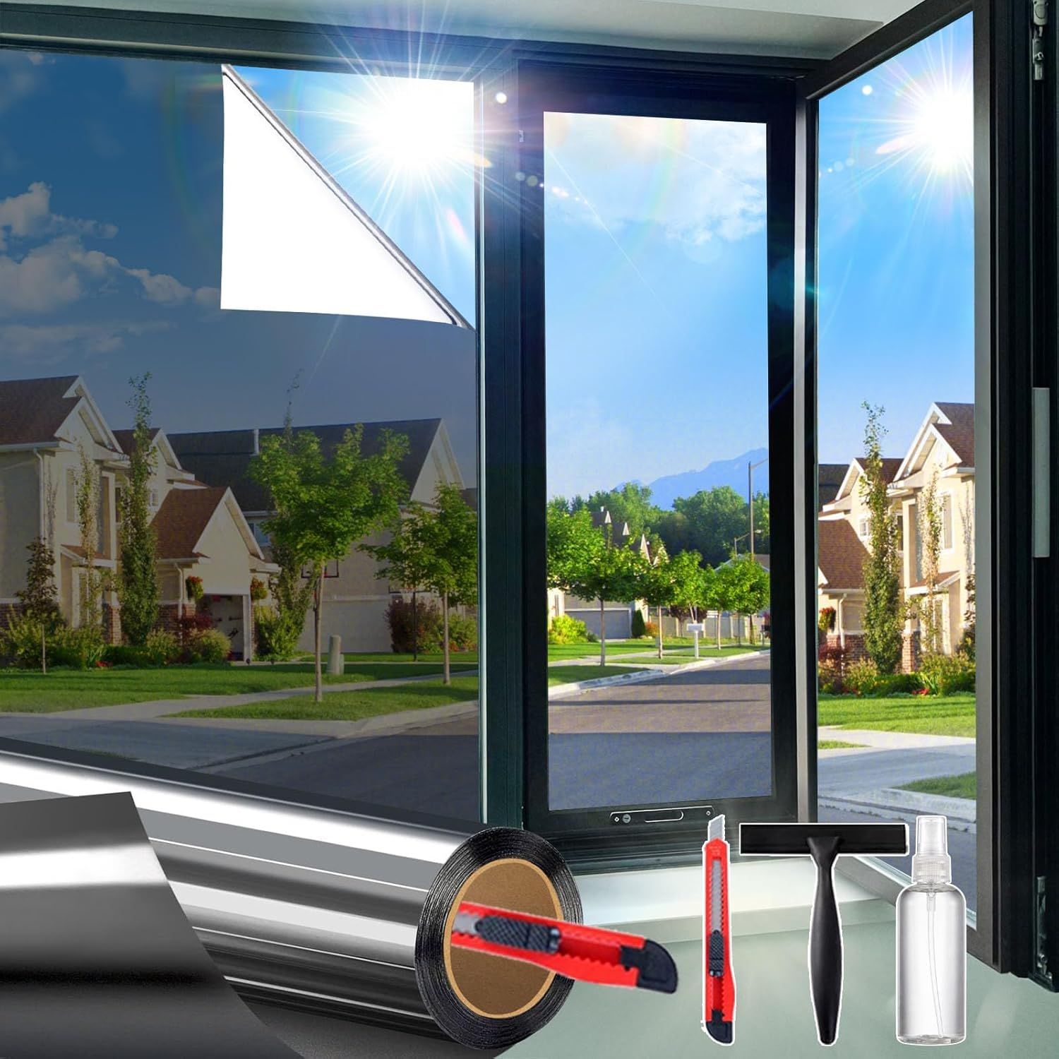 Static-Cling Window Film with Mirror Effect for Daytime Privacy, Heat & Glare Reduction, Easy Water-Based Installation, Includes Scraper, Spray Bottle, and Cutter—Ideal for Homes, Offices, and Apartments (Black) - Image 1
