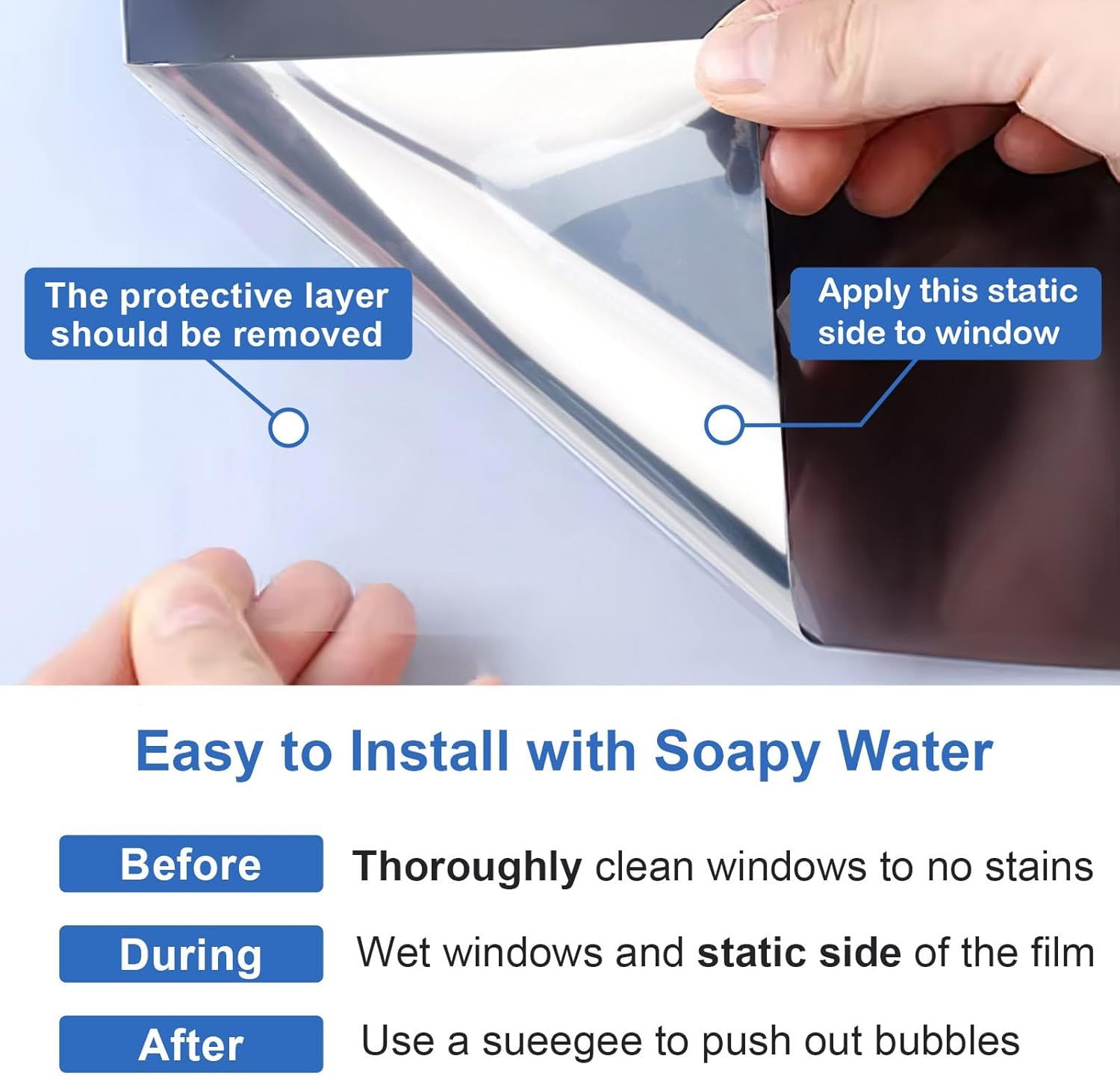 Static-Cling Window Film with Mirror Effect for Daytime Privacy, Heat & Glare Reduction, Easy Water-Based Installation, Includes Scraper, Spray Bottle, and Cutter—Ideal for Homes, Offices, and Apartments (Black) - Image 7
