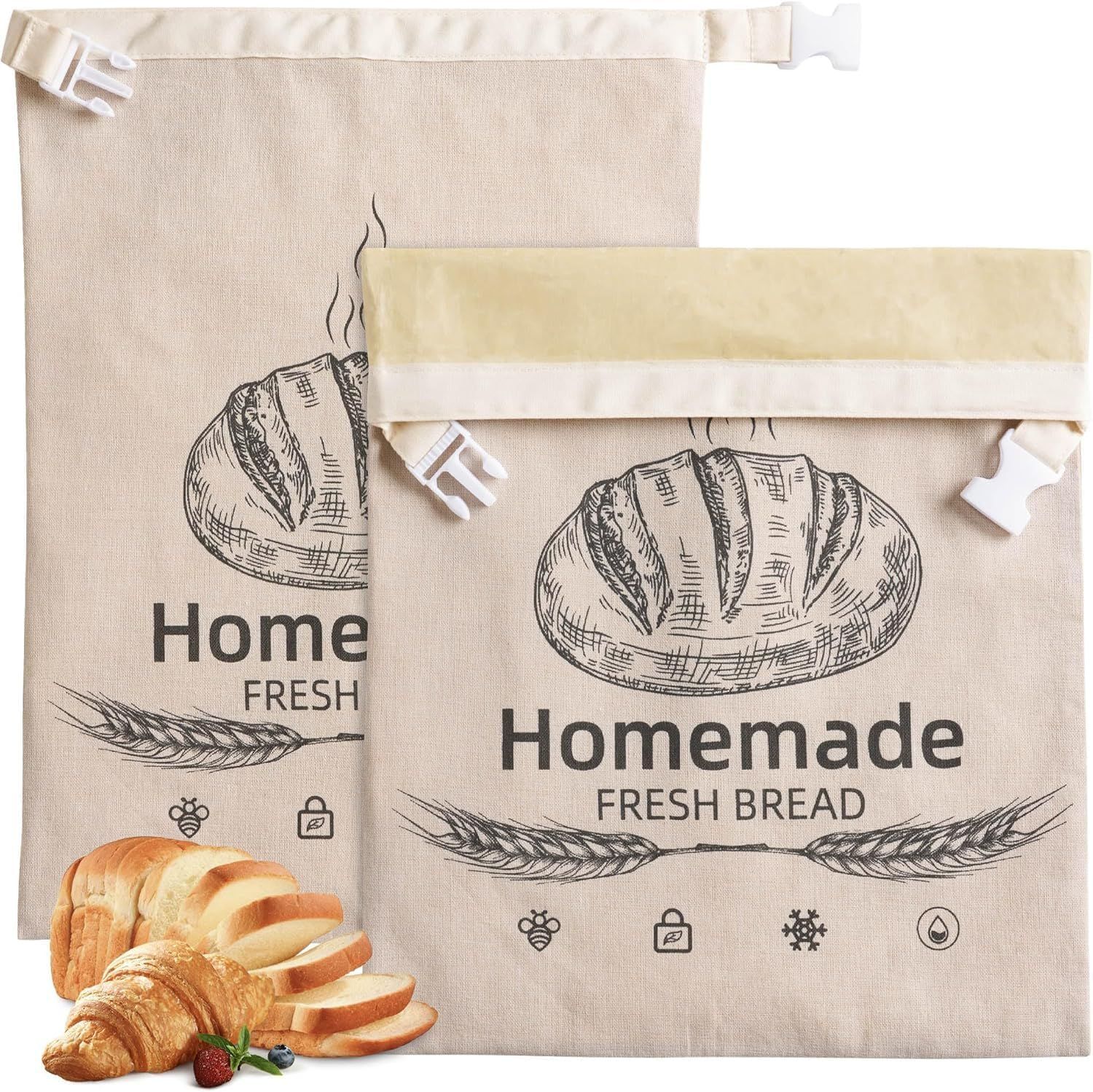 2-Pack Reusable Bread Storage Bags with Roll-Top Design, Snap Closure, Wheat Illustration, and Dual-Layer Construction—Perfect for Storing Loaves, Baguettes, and Baked Goods on Countertop, in Fridge, or Pantry (Light Brown) - Image 1