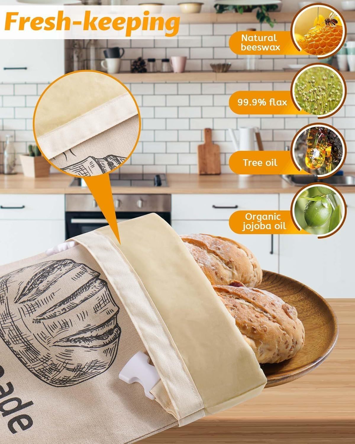 2-Pack Reusable Bread Storage Bags with Roll-Top Design, Snap Closure, Wheat Illustration, and Dual-Layer Construction—Perfect for Storing Loaves, Baguettes, and Baked Goods on Countertop, in Fridge, or Pantry (Light Brown) - Image 2