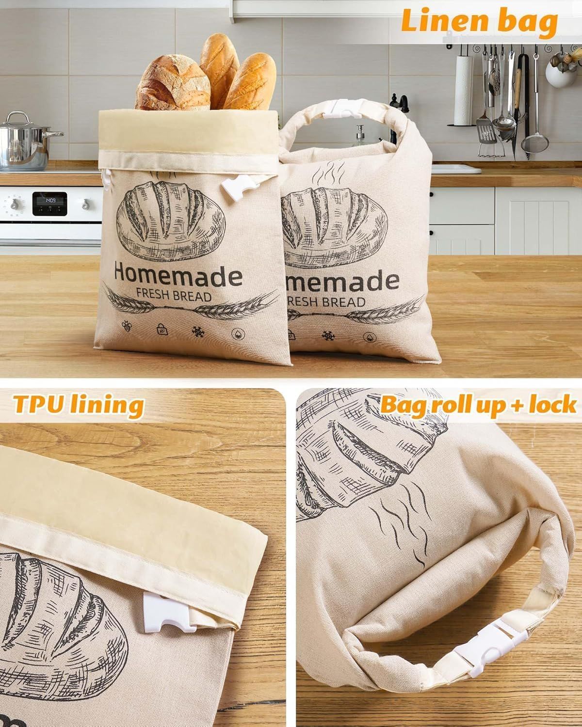 2-Pack Reusable Bread Storage Bags with Roll-Top Design, Snap Closure, Wheat Illustration, and Dual-Layer Construction—Perfect for Storing Loaves, Baguettes, and Baked Goods on Countertop, in Fridge, or Pantry (Light Brown) - Image 3