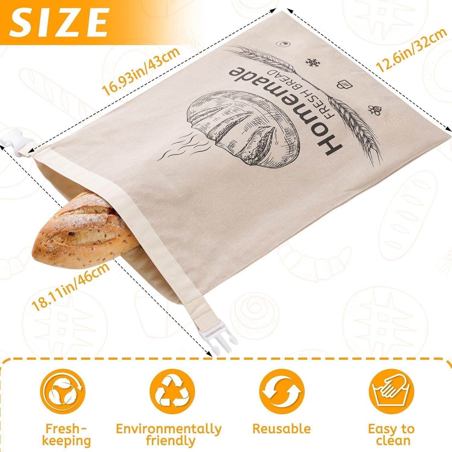 2-Pack Reusable Bread Storage Bags with Roll-Top Design, Snap Closure, Wheat Illustration, and Dual-Layer Construction—Perfect for Storing Loaves, Baguettes, and Baked Goods on Countertop, in Fridge, or Pantry (Light Brown) - Image 4
