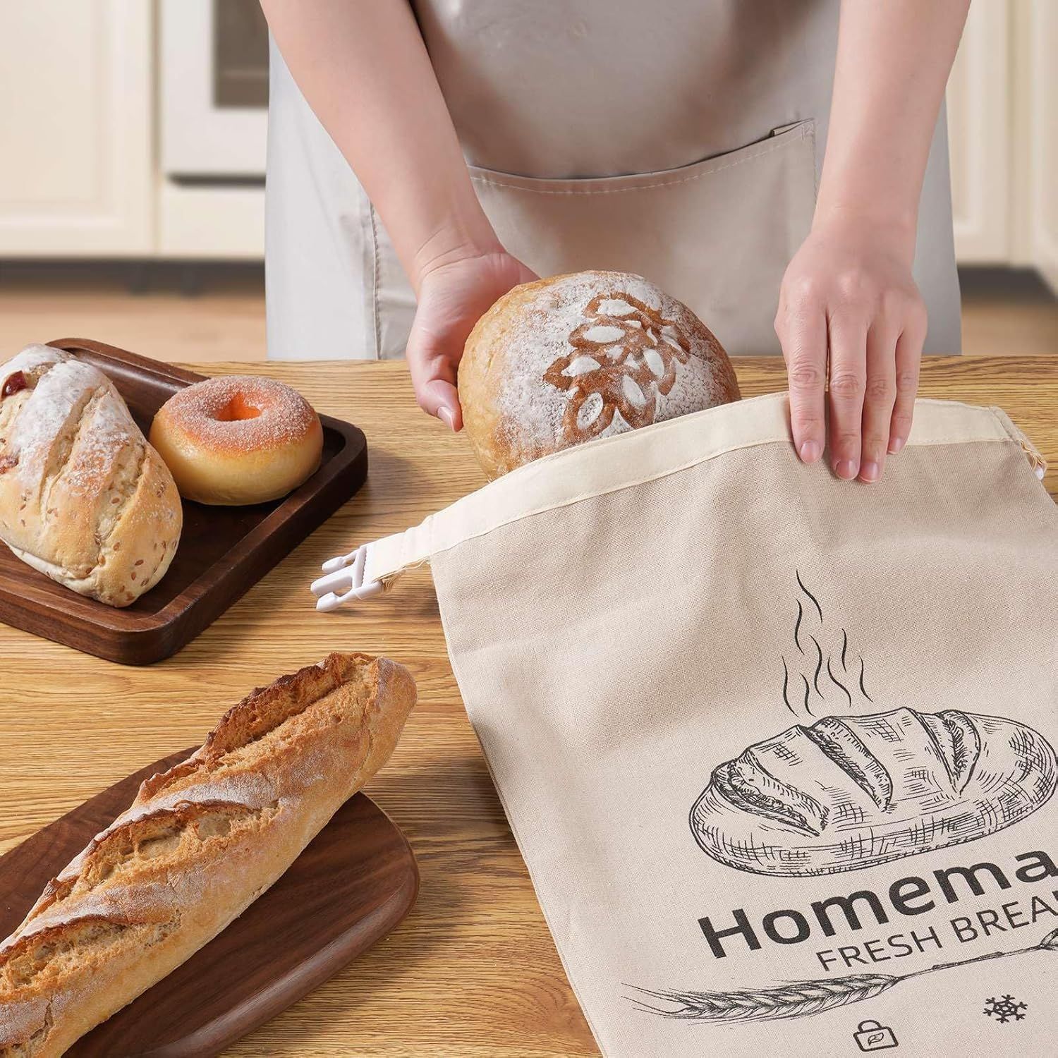 2-Pack Reusable Bread Storage Bags with Roll-Top Design, Snap Closure, Wheat Illustration, and Dual-Layer Construction—Perfect for Storing Loaves, Baguettes, and Baked Goods on Countertop, in Fridge, or Pantry (Light Brown) - Image 5