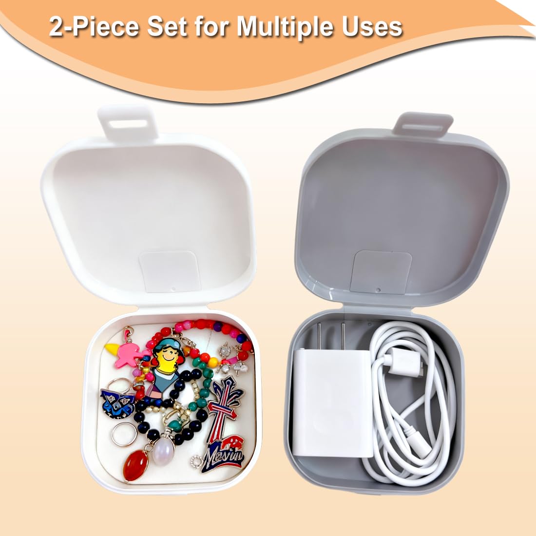2-Piece Mini Storage Box Set for Cables, Chargers & Jewelry – Portable Organizer with Leather Handle and Snap Closure for Desk or Travel (White & Gray) - Image 6