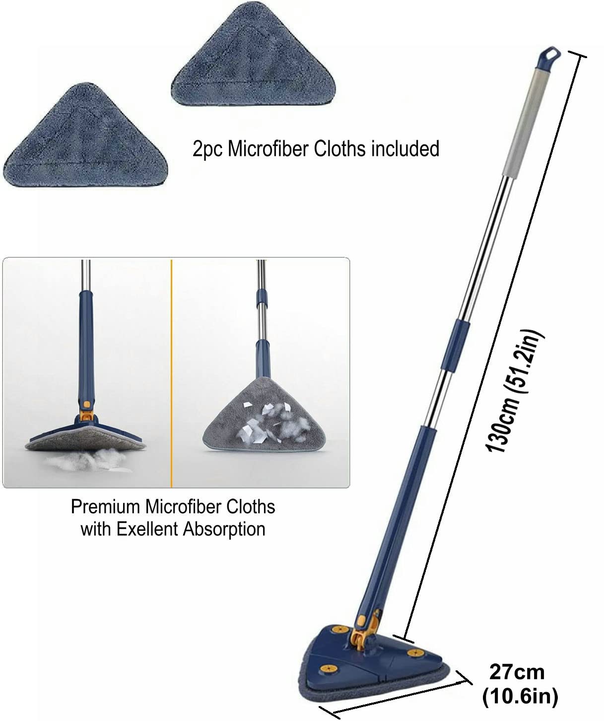 360° Rotating Triangular Floor Mop with Auto-Squeeze System – Easy Twist, No-Hand Squeezing, Reusable Microfiber Cloths for Hard Floors, Windows, and Corners (Blue) - Image 7