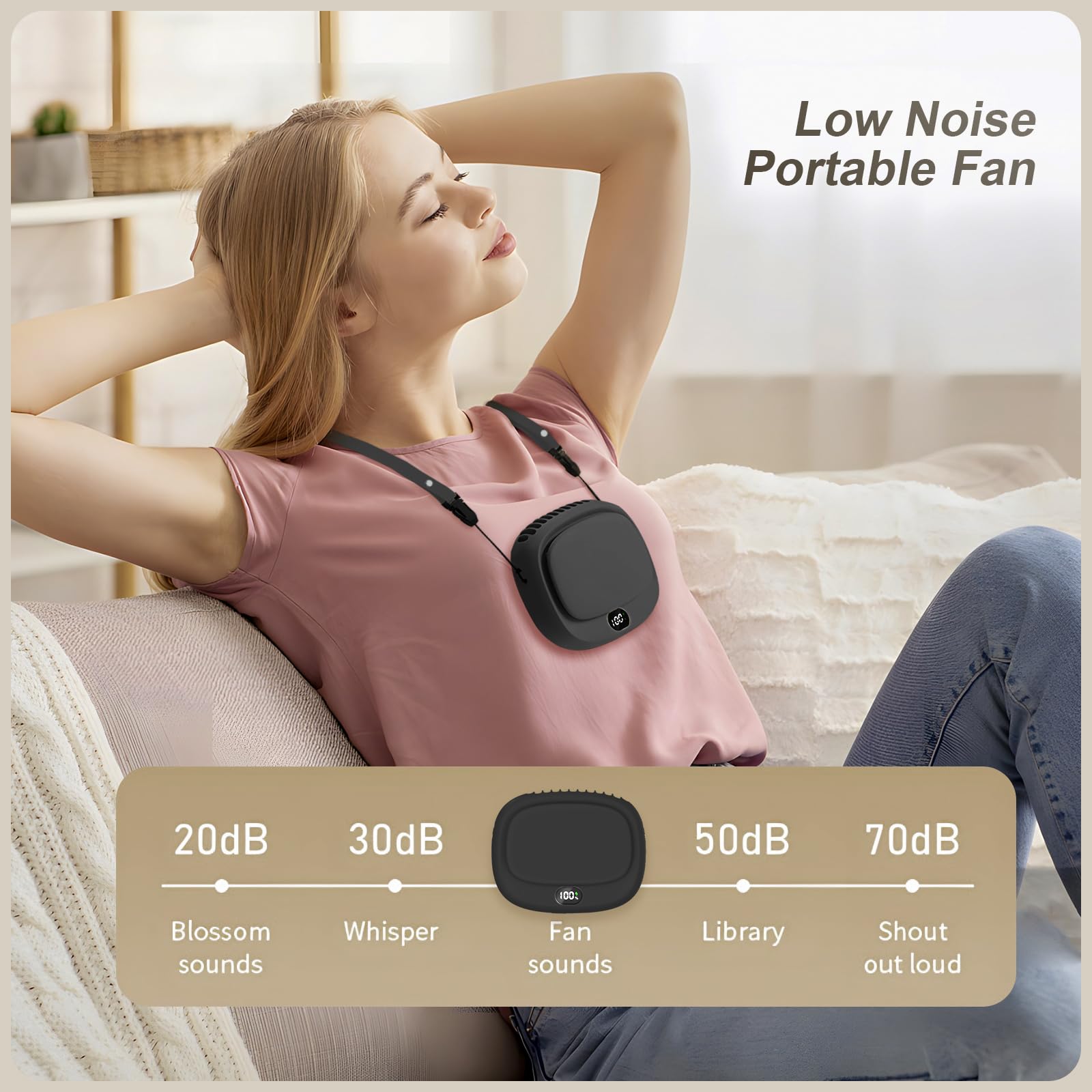 Portable Neck Fan with 5 Speeds – Rechargeable USB Mini Fan for Outdoor Travel, Work & Camping – Silent Personal Cooling Fan (Black) - Image 3