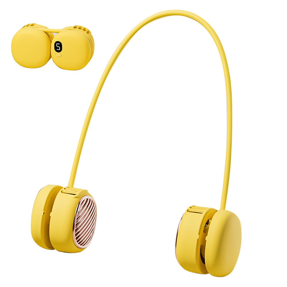 Portable Neck Fan with 5-Speed Adjustable Cooling – Lightweight Rechargeable Bladeless Fan for Travel, Outdoor, Gym, Office Use – Ultra-Quiet & Foldable (Yellow) - Image 1