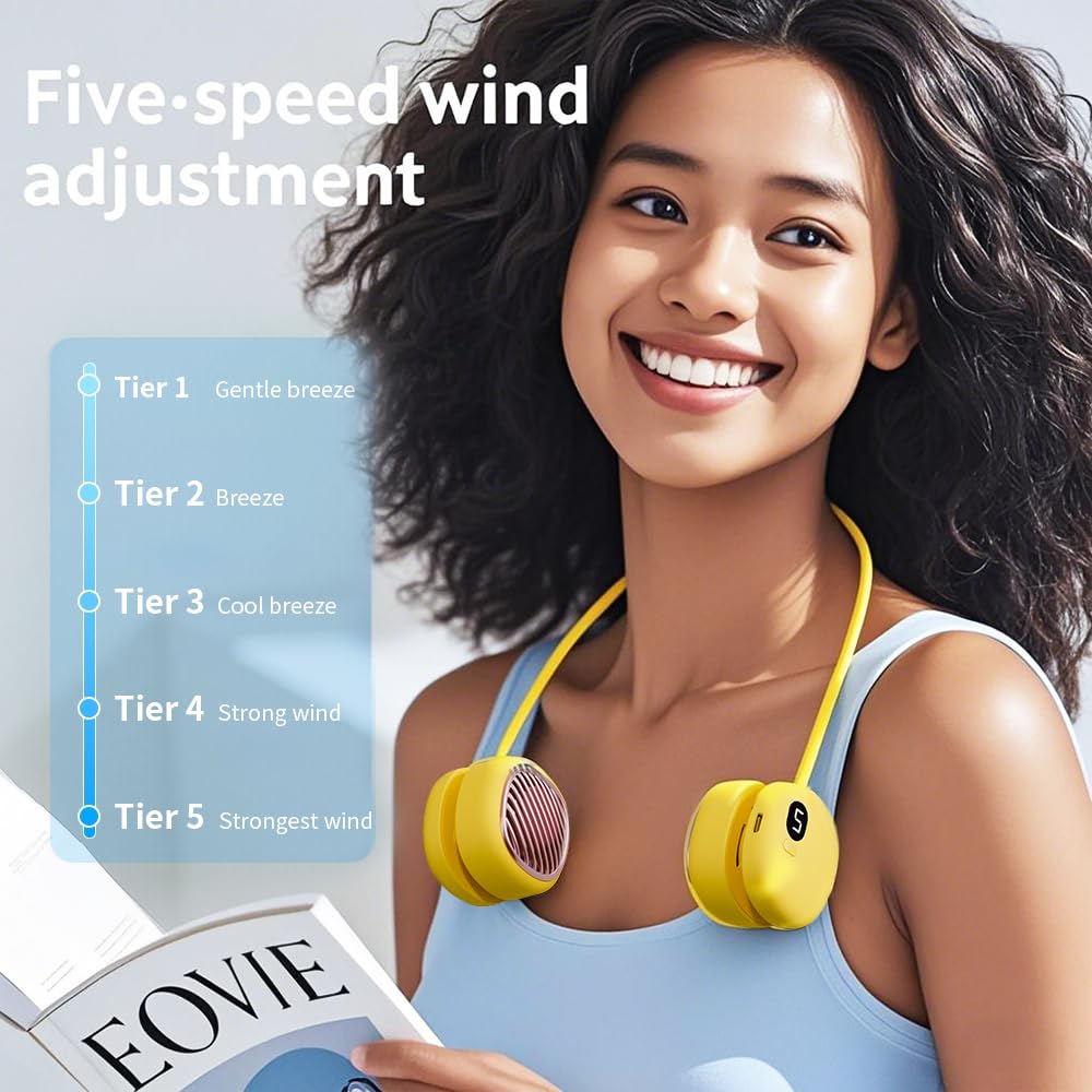 Portable Neck Fan with 5-Speed Adjustable Cooling – Lightweight Rechargeable Bladeless Fan for Travel, Outdoor, Gym, Office Use – Ultra-Quiet & Foldable (Yellow) - Image 7
