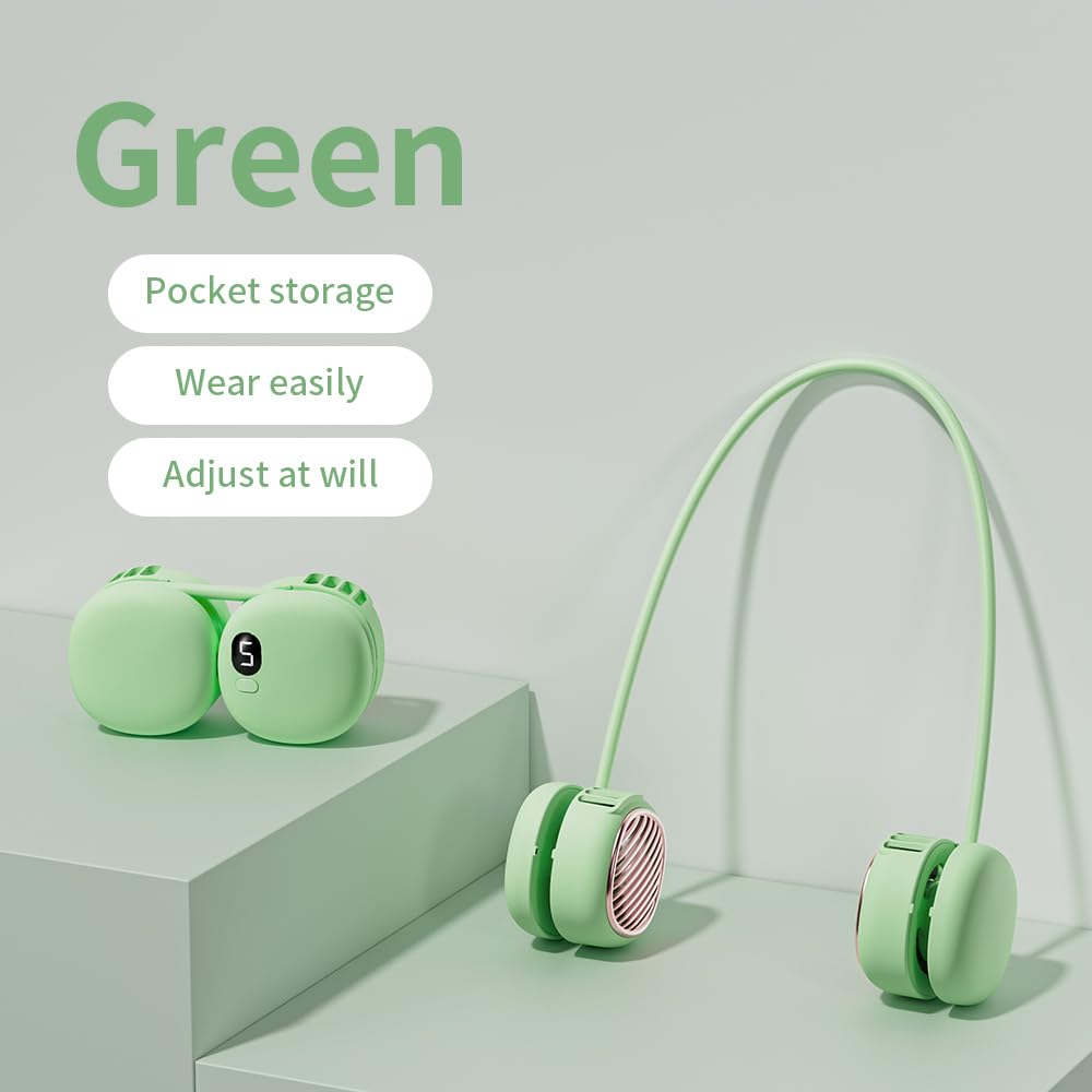 Portable Neck Fan with 5-Speed Adjustable Cooling – Lightweight Rechargeable Bladeless Fan for Travel, Outdoor, Gym, Office Use – Ultra-Quiet & Foldable (Green) - Image 2