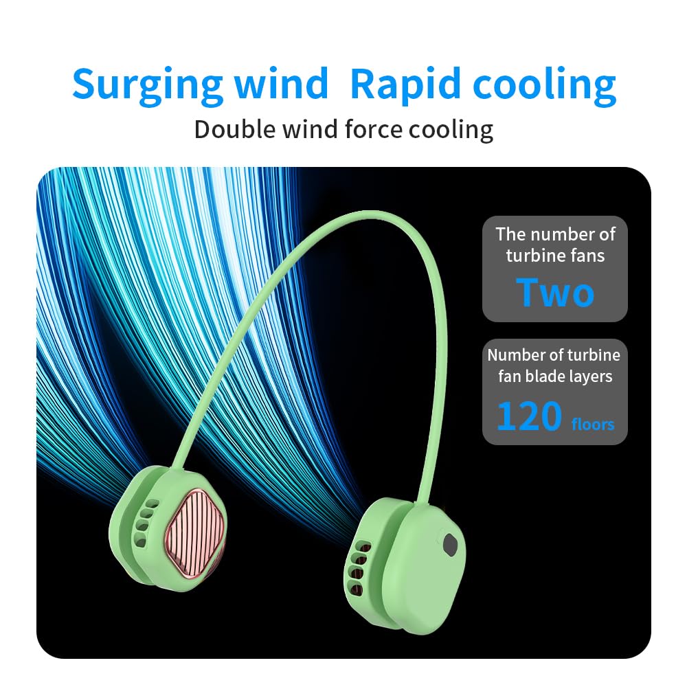 Portable Neck Fan with 5-Speed Adjustable Cooling – Lightweight Rechargeable Bladeless Fan for Travel, Outdoor, Gym, Office Use – Ultra-Quiet & Foldable (Green) - Image 4