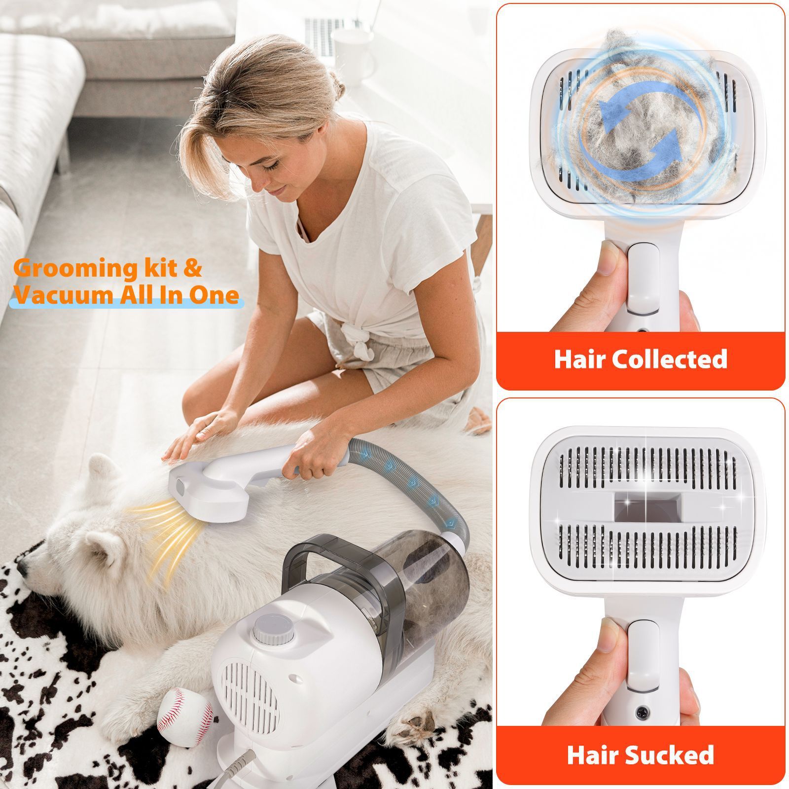 All-in-One Pet Grooming Vacuum Kit with Electric Clipper & Brushes for Dogs and Cats, Low Noise & Strong Suction (Grey) - Image 2
