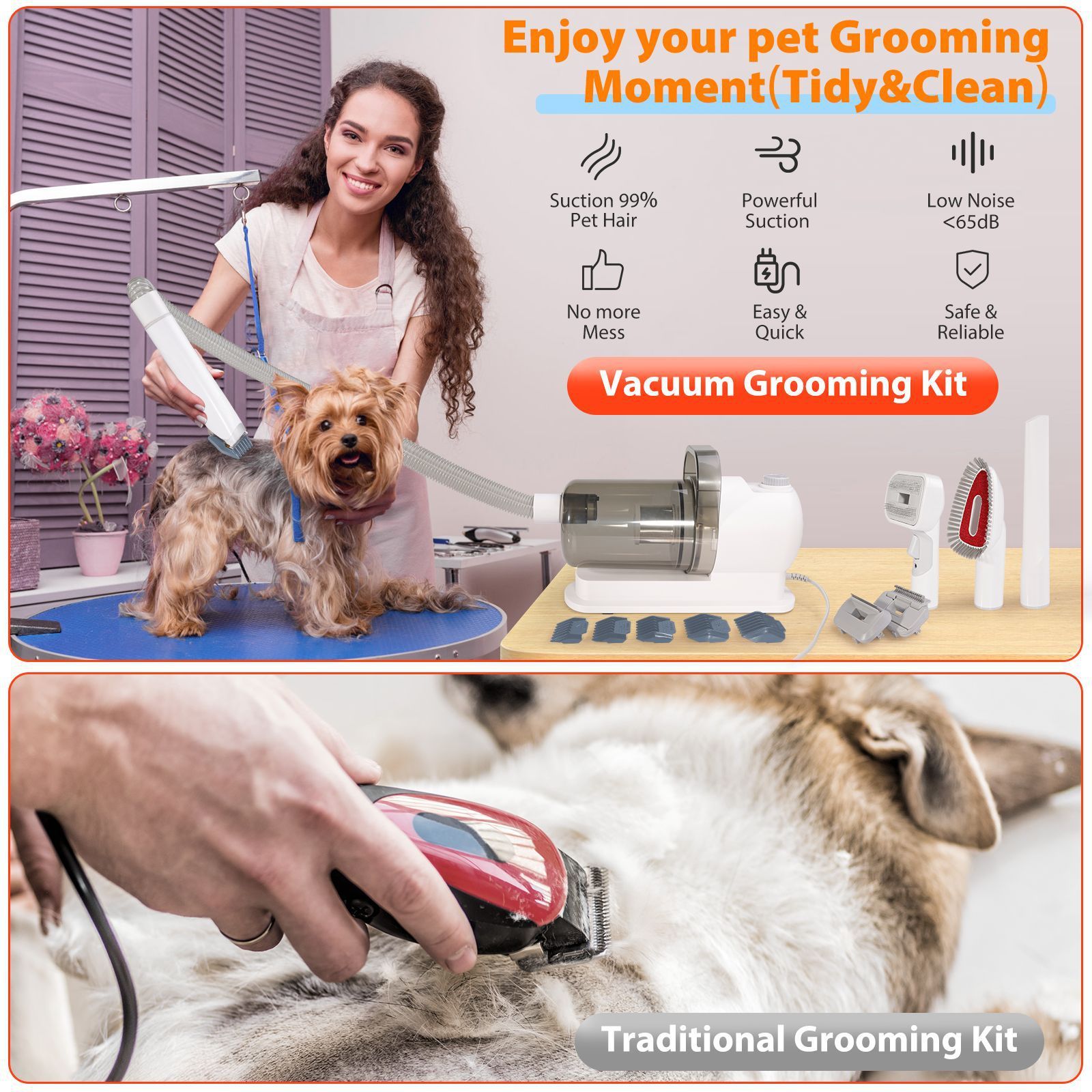 All-in-One Pet Grooming Vacuum Kit with Electric Clipper & Brushes for Dogs and Cats, Low Noise & Strong Suction (Grey) - Image 7