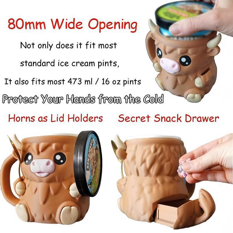 Modern Highland Cow Ice Pint Holder – Fun Animal Mug with Secret Snack Drawer, Lid Holders, and Wide Opening(Brown) - Image 5