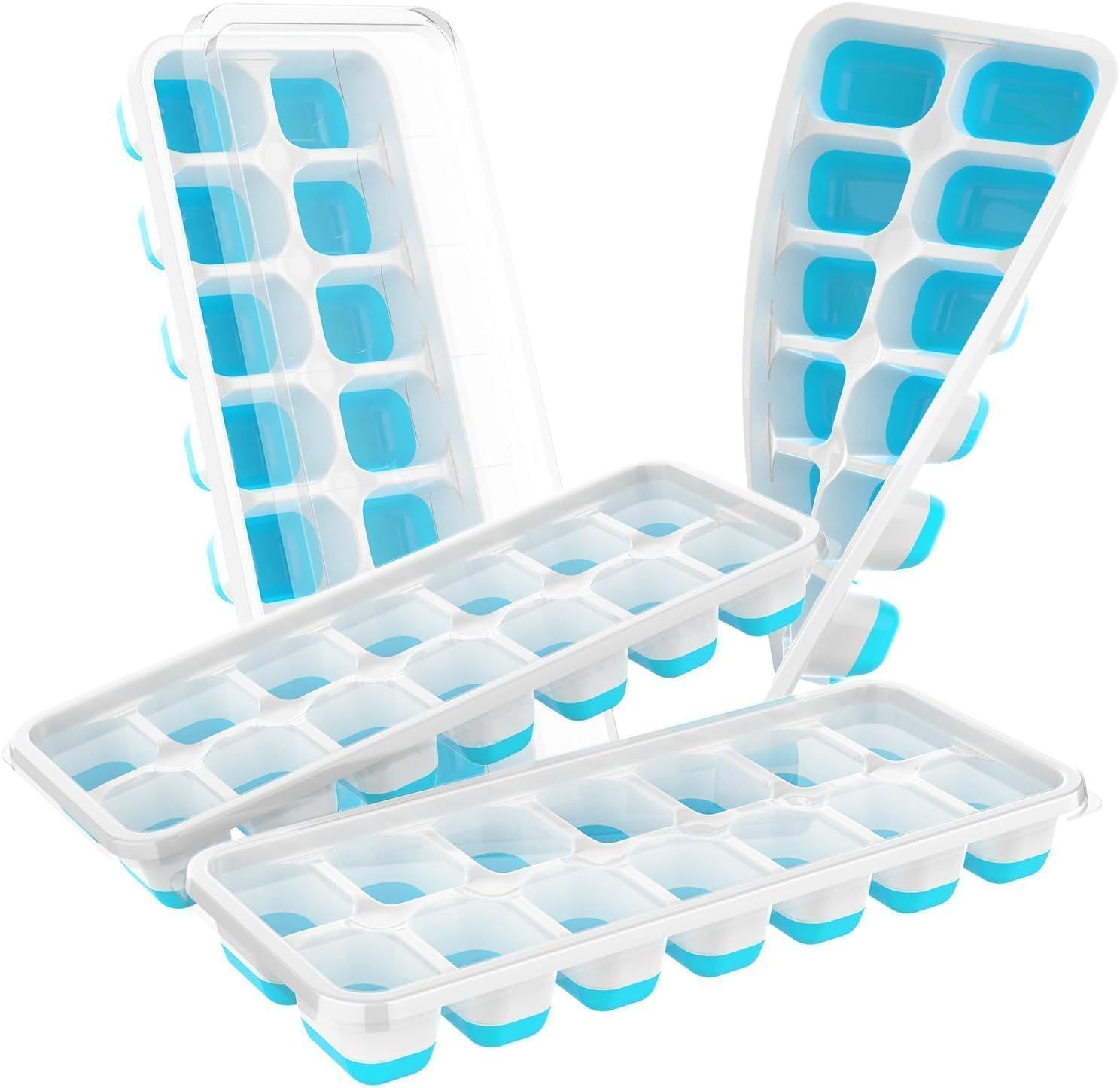 4-Pack Ice Cube Trays with 14-Cavity Design, Flexible Silicone Bases, Removable Lid, Stackable Structure, and Easy-Press Release for Home Freezer Use—Ideal for Drinks, Smoothies, and Meal Prep (Blue) - Image 1
