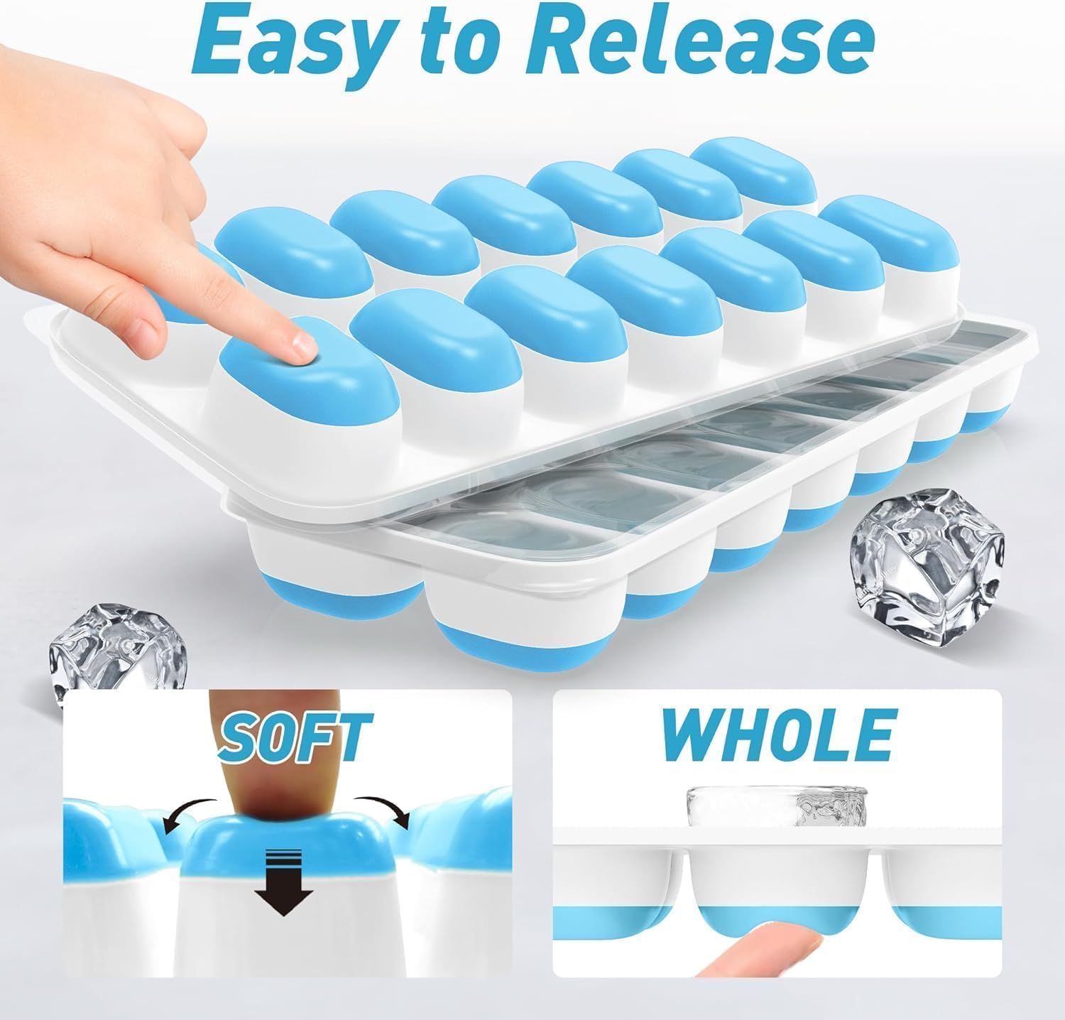 4-Pack Ice Cube Trays with 14-Cavity Design, Flexible Silicone Bases, Removable Lid, Stackable Structure, and Easy-Press Release for Home Freezer Use—Ideal for Drinks, Smoothies, and Meal Prep (Blue) - Image 6