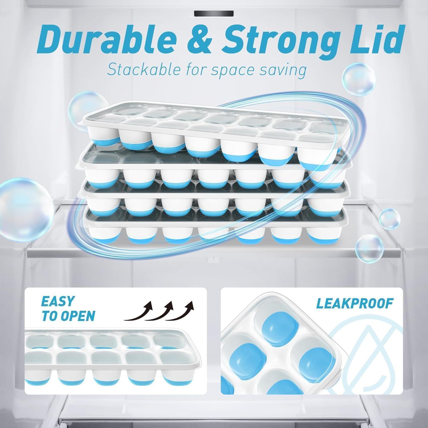 4-Pack Ice Cube Trays with 14-Cavity Design, Flexible Silicone Bases, Removable Lid, Stackable Structure, and Easy-Press Release for Home Freezer Use—Ideal for Drinks, Smoothies, and Meal Prep (Blue) - Image 7