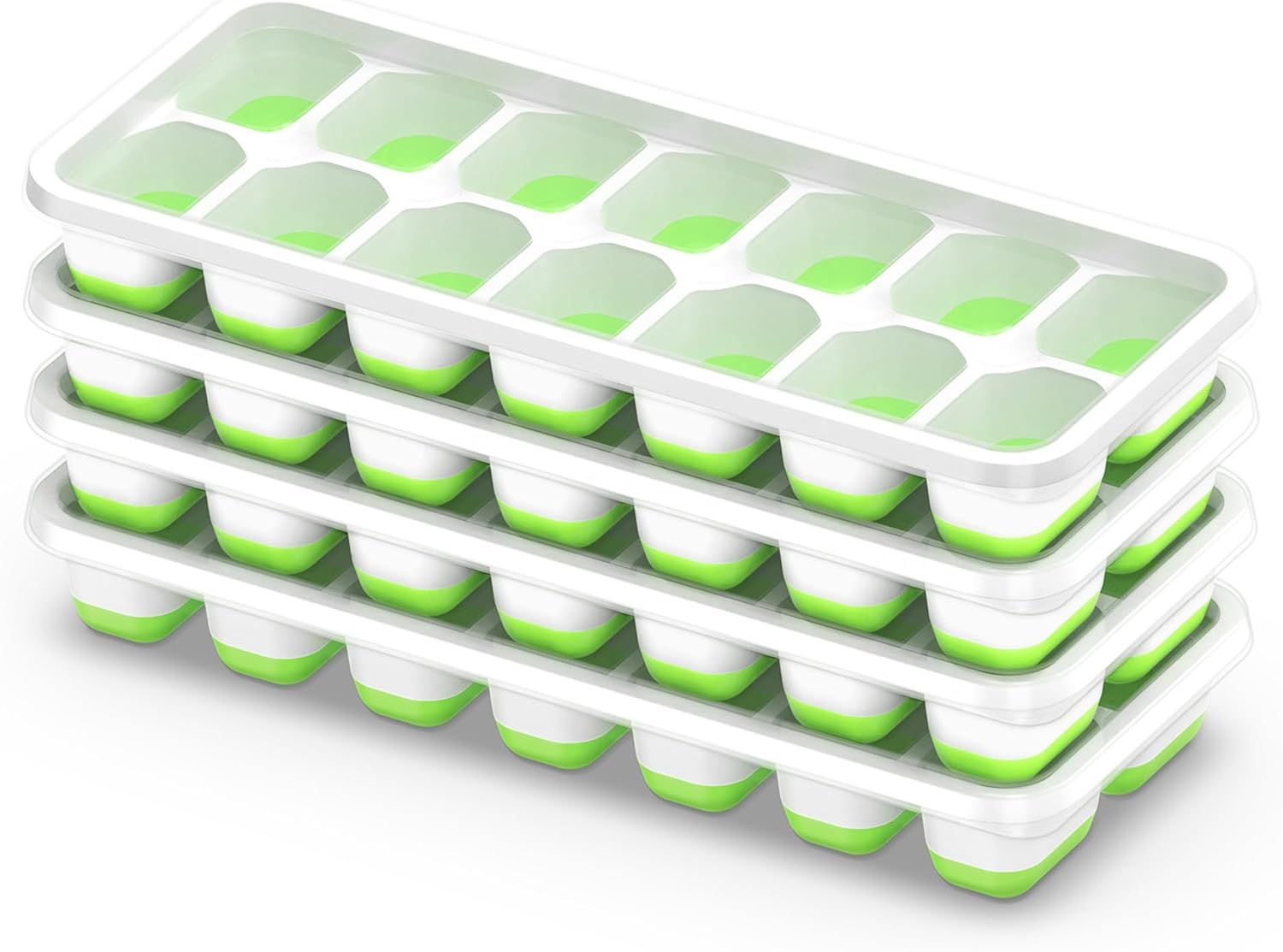 4-Pack Ice Cube Trays with 14-Cavity Design, Flexible Silicone Bases, Removable Lid, Stackable Structure, and Easy-Press Release for Home Freezer Use—Ideal for Drinks, Smoothies, and Meal Prep (Green) - Image 1