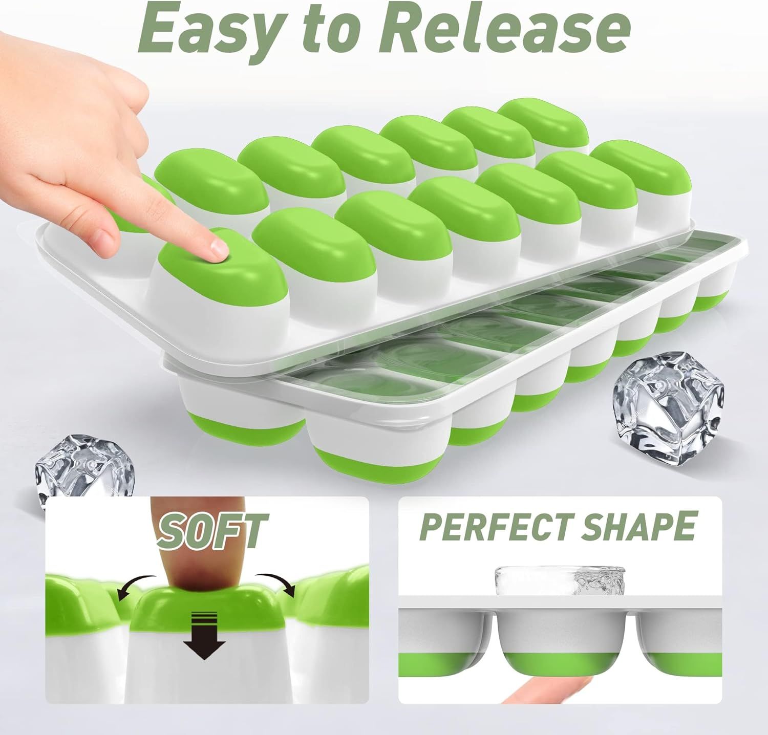 4-Pack Ice Cube Trays with 14-Cavity Design, Flexible Silicone Bases, Removable Lid, Stackable Structure, and Easy-Press Release for Home Freezer Use—Ideal for Drinks, Smoothies, and Meal Prep (Green) - Image 6