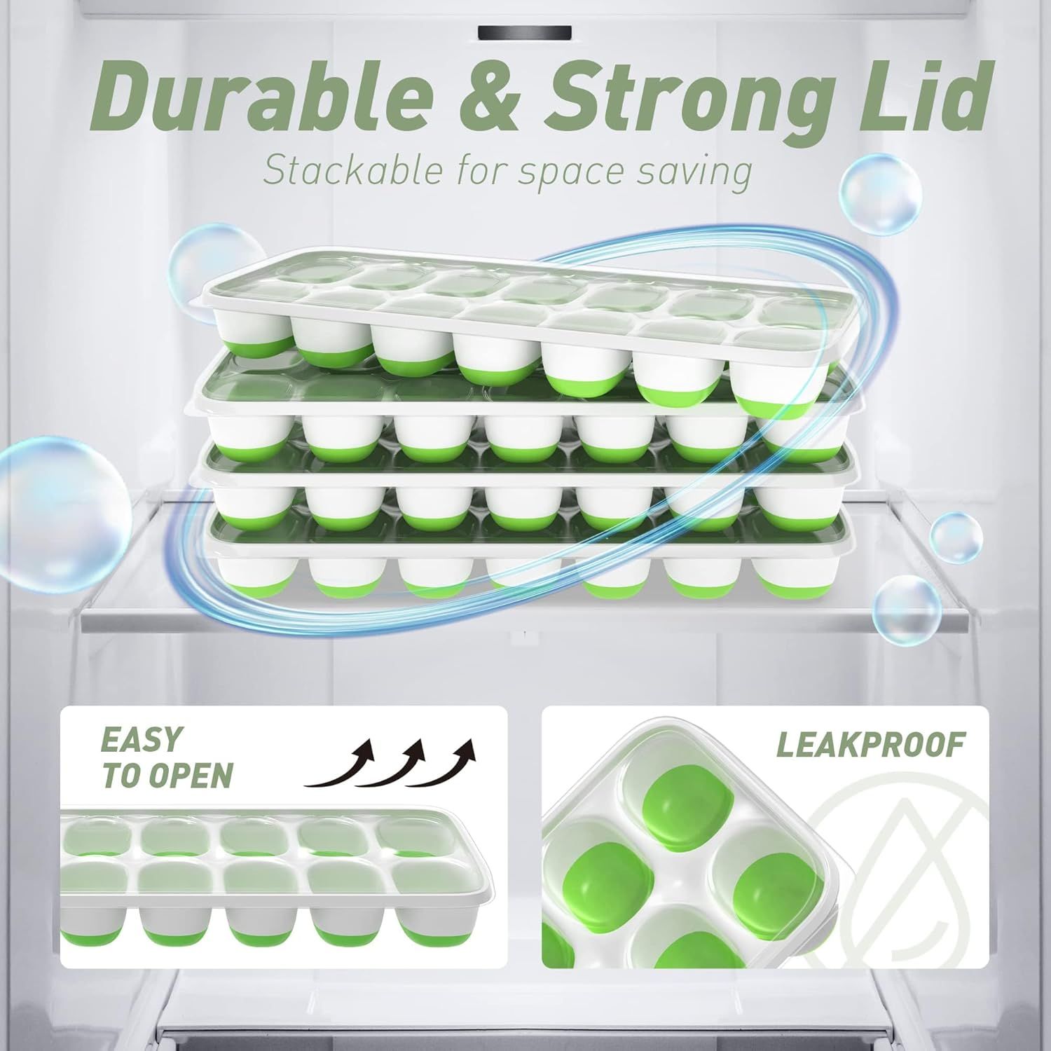 4-Pack Ice Cube Trays with 14-Cavity Design, Flexible Silicone Bases, Removable Lid, Stackable Structure, and Easy-Press Release for Home Freezer Use—Ideal for Drinks, Smoothies, and Meal Prep (Green) - Image 7