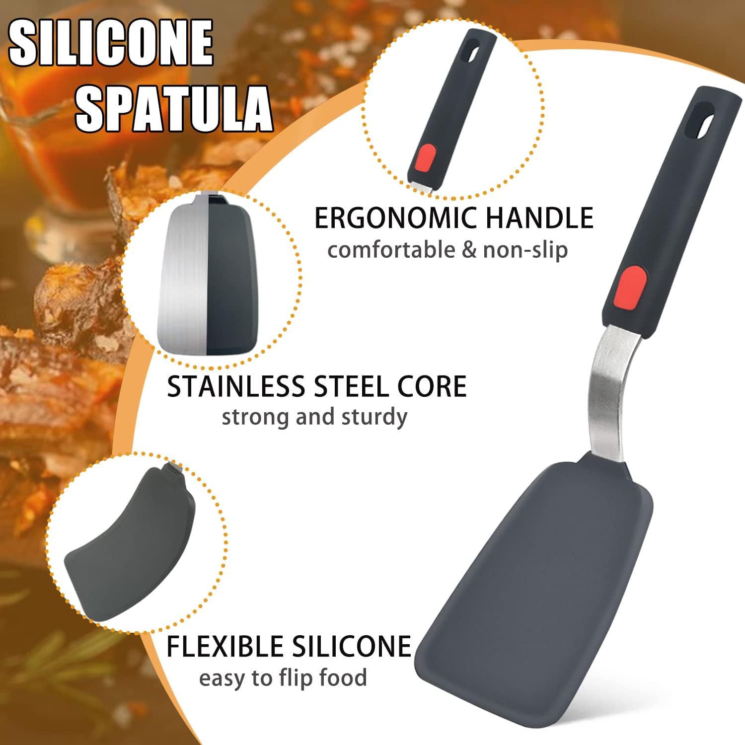 3-Piece Silicone Spatula Set with Stainless Steel Core, 600°F Heat Resistant Turner for Nonstick Cookware, Flexible Kitchen Utensils for Eggs, Fish, Pancakes, Burgers (Black) - Image 4