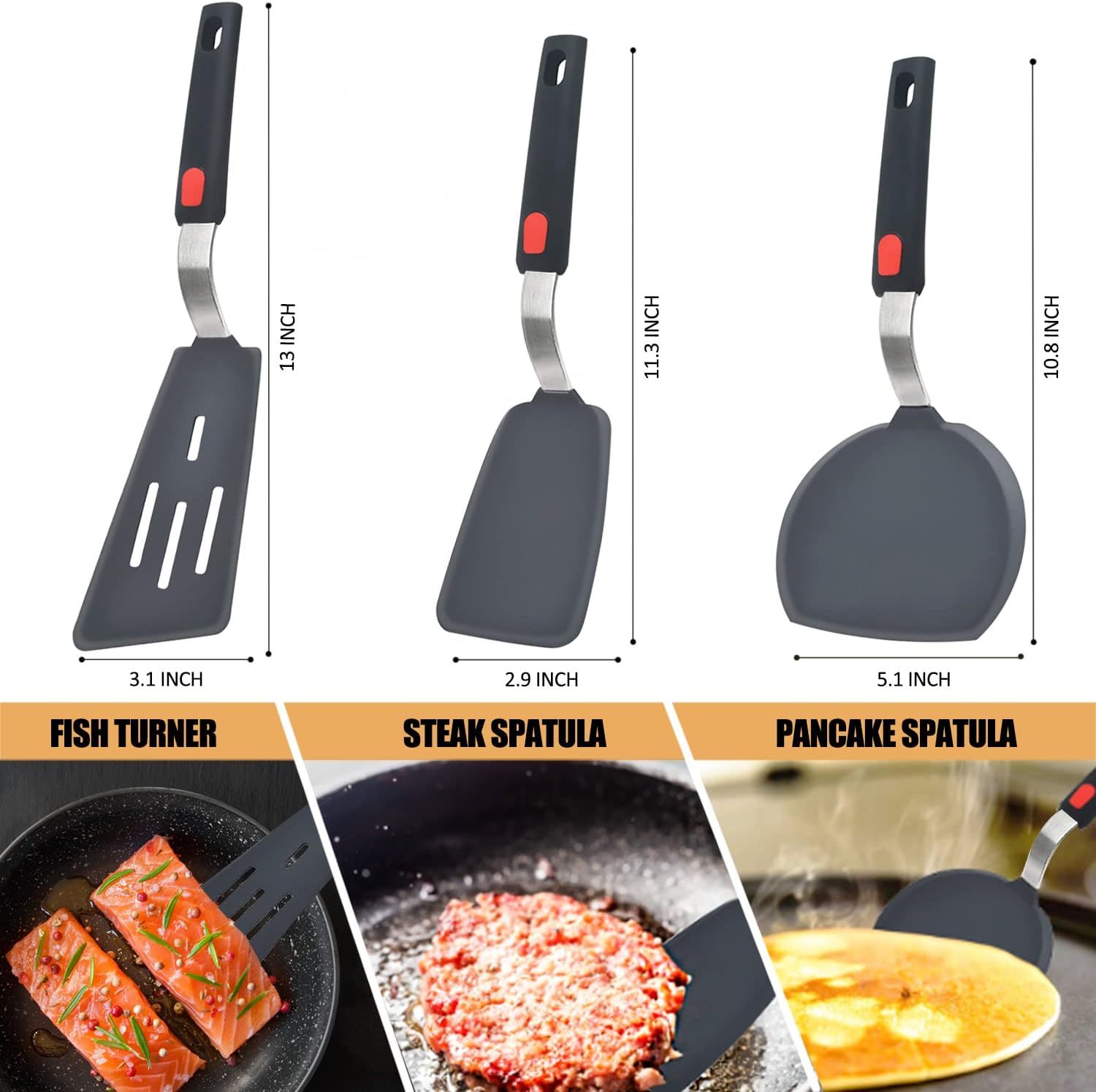 3-Piece Silicone Spatula Set with Stainless Steel Core, 600°F Heat Resistant Turner for Nonstick Cookware, Flexible Kitchen Utensils for Eggs, Fish, Pancakes, Burgers (Black) - Image 6
