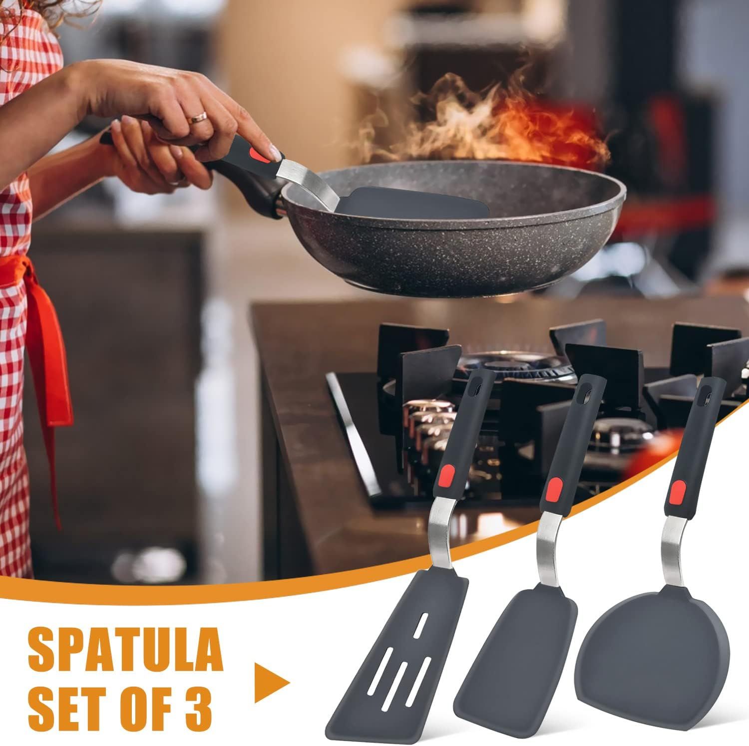 3-Piece Silicone Spatula Set with Stainless Steel Core, 600°F Heat Resistant Turner for Nonstick Cookware, Flexible Kitchen Utensils for Eggs, Fish, Pancakes, Burgers (Black) - Image 7