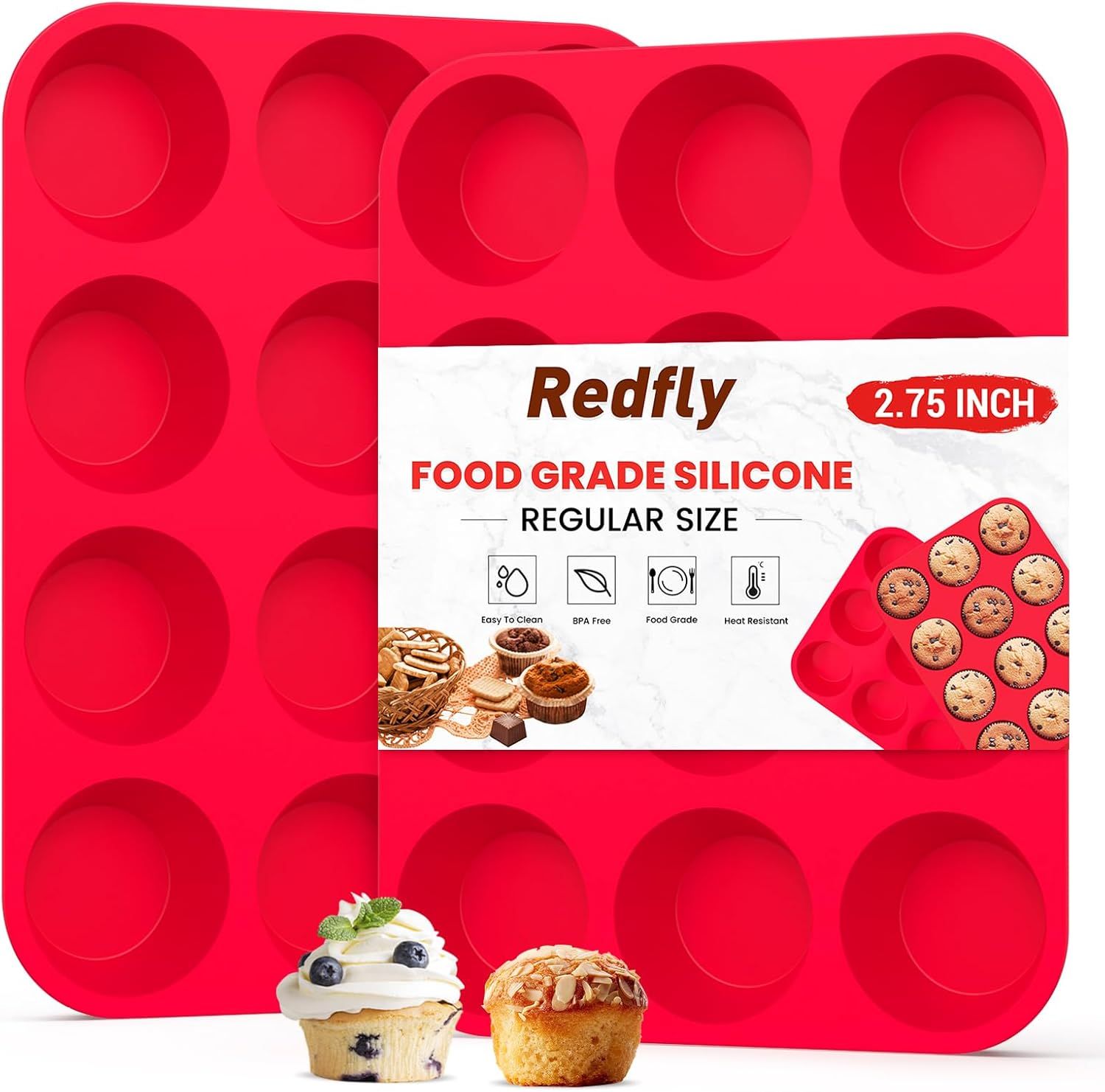 2-Pack 12-Cup Silicone Muffin Pans for Baking Cupcakes, Mini Cakes, and Snacks—Flexible Design with Rounded Cups, Oven-Safe Construction, and Easy Handling—Ideal for Home Bakers and Family Cooking Sessions (Red) - Image 1