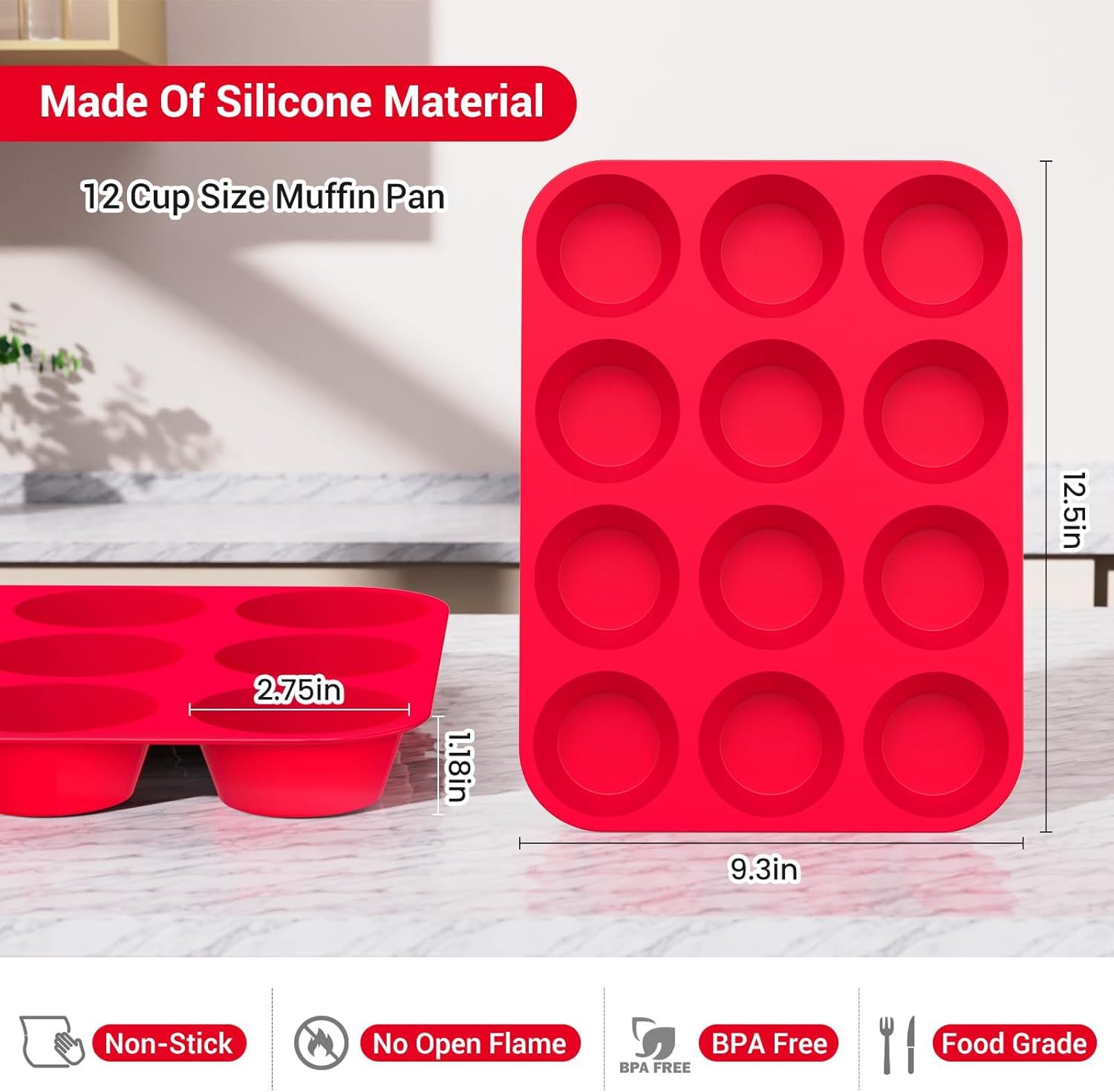 2-Pack 12-Cup Silicone Muffin Pans for Baking Cupcakes, Mini Cakes, and Snacks—Flexible Design with Rounded Cups, Oven-Safe Construction, and Easy Handling—Ideal for Home Bakers and Family Cooking Sessions (Red) - Image 3