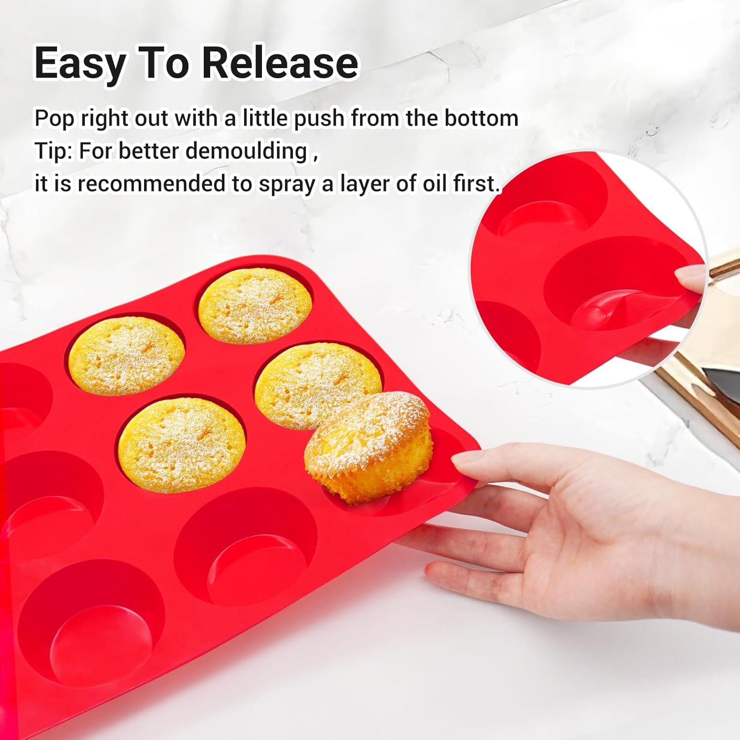 2-Pack 12-Cup Silicone Muffin Pans for Baking Cupcakes, Mini Cakes, and Snacks—Flexible Design with Rounded Cups, Oven-Safe Construction, and Easy Handling—Ideal for Home Bakers and Family Cooking Sessions (Red) - Image 4