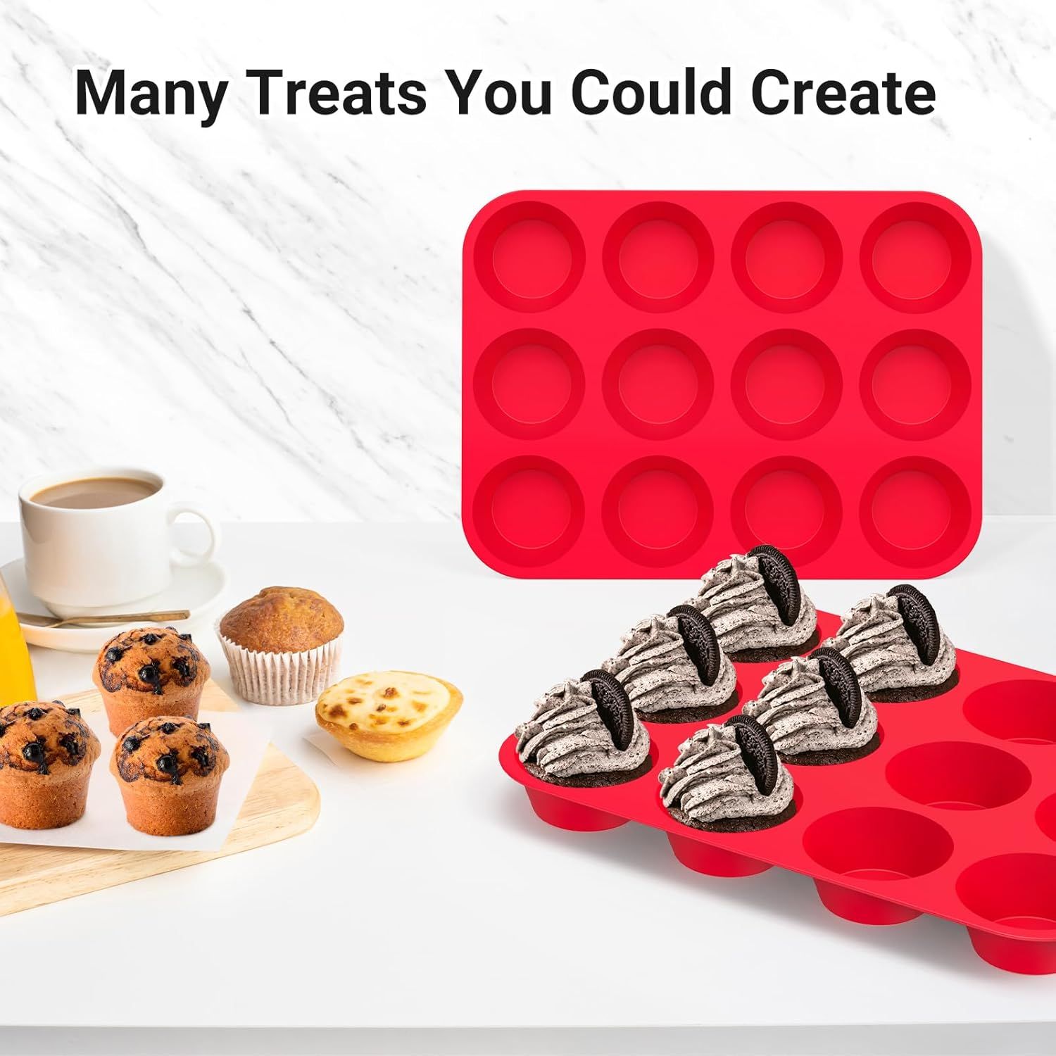 2-Pack 12-Cup Silicone Muffin Pans for Baking Cupcakes, Mini Cakes, and Snacks—Flexible Design with Rounded Cups, Oven-Safe Construction, and Easy Handling—Ideal for Home Bakers and Family Cooking Sessions (Red) - Image 5