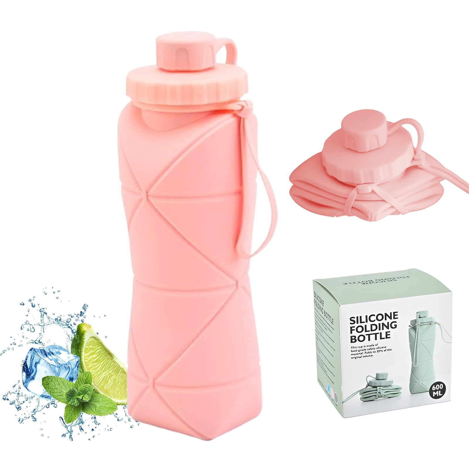 Collapsible Silicone Water Bottle 600ML – Foldable, Leak-Proof, BPA-Free, Portable Outdoor Sports Bottle with Carrying Strap – Compact Design for Hiking, Gym, Travel (Pink) - Image 1