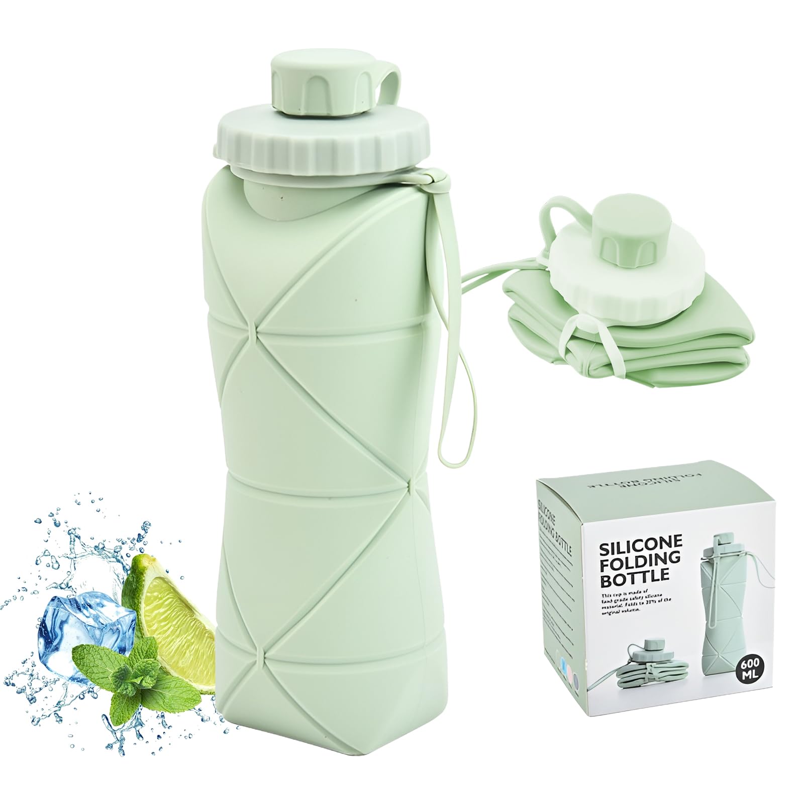 Collapsible Silicone Water Bottle 600ML – Foldable, Leak-Proof, BPA-Free, Portable Outdoor Sports Bottle with Carrying Strap – Compact Design for Hiking, Gym, Travel (Green) - Image 1