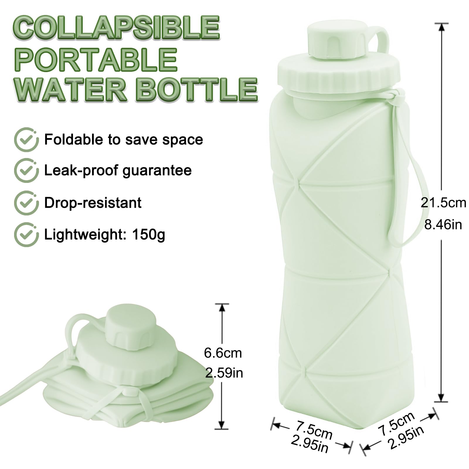 Collapsible Silicone Water Bottle 600ML – Foldable, Leak-Proof, BPA-Free, Portable Outdoor Sports Bottle with Carrying Strap – Compact Design for Hiking, Gym, Travel (Green) - Image 2