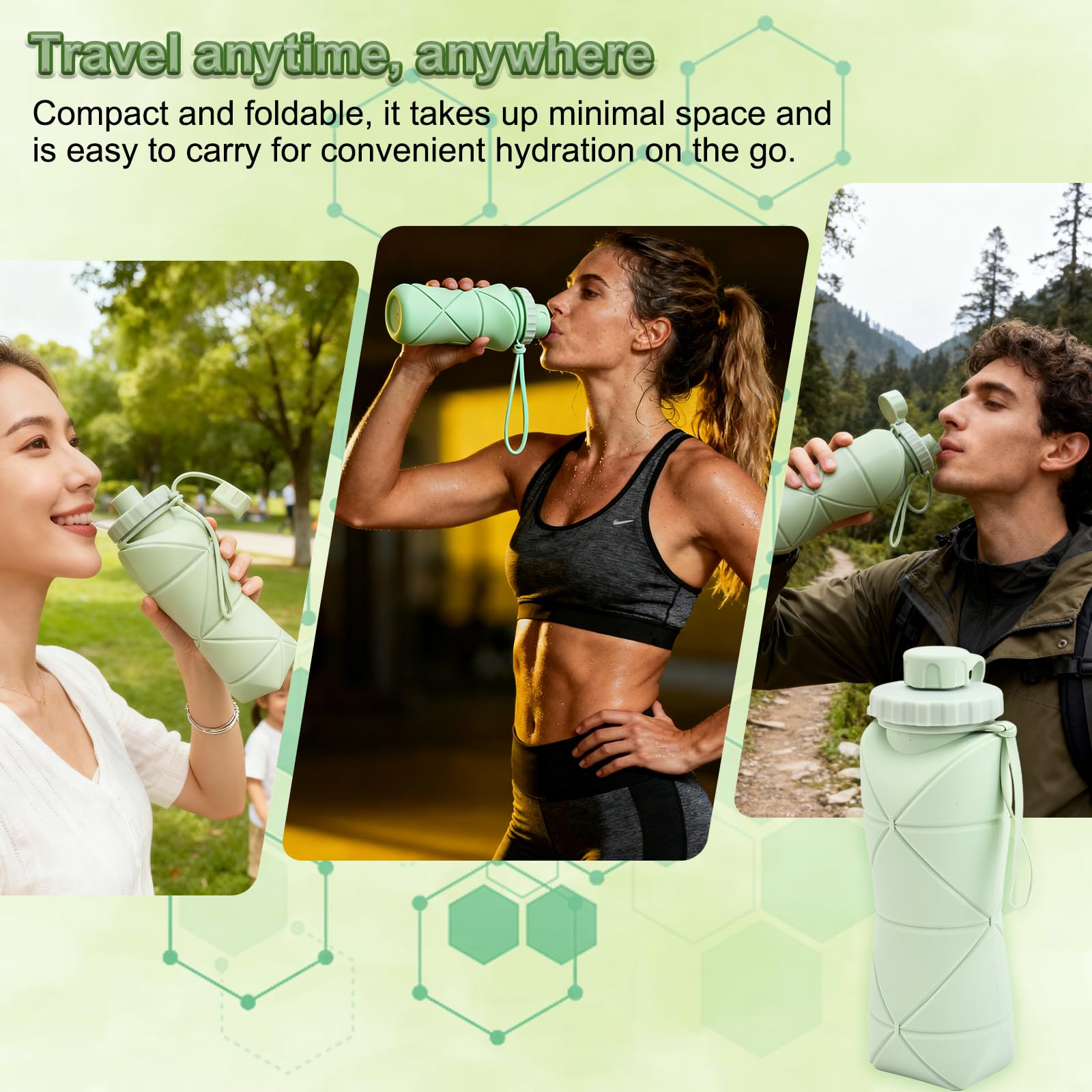 Collapsible Silicone Water Bottle 600ML – Foldable, Leak-Proof, BPA-Free, Portable Outdoor Sports Bottle with Carrying Strap – Compact Design for Hiking, Gym, Travel (Green) - Image 6