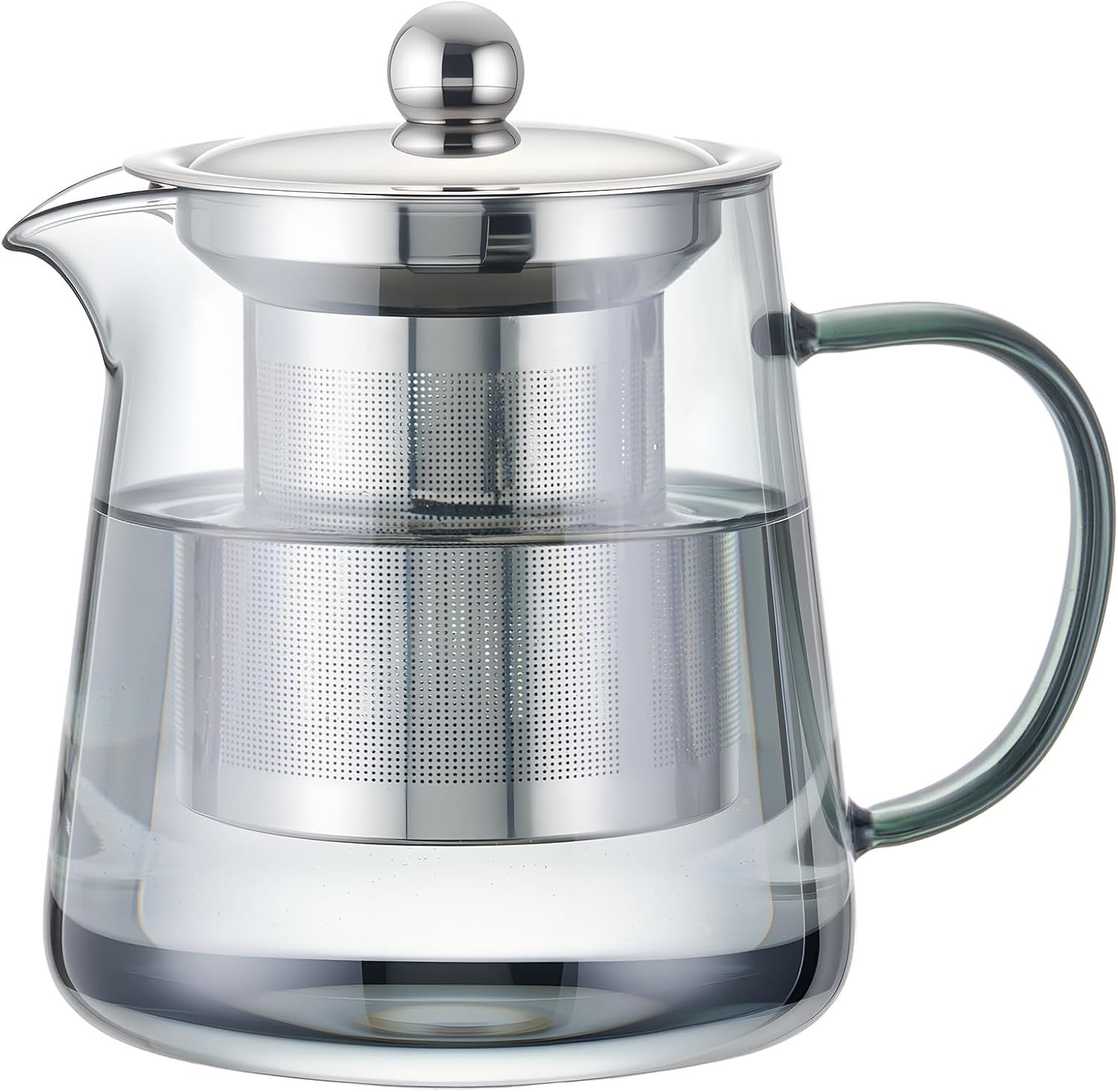 Glass Teapot with Removable Stainless Steel Infuser, Heat-Resistant Body, Secure Lid, and Ergonomic Handle—Ideal for Loose Leaf, Flower, Herbal, and Bagged Teas—Compact Design for Home, Office, or Travel Use (Silver) - Image 1