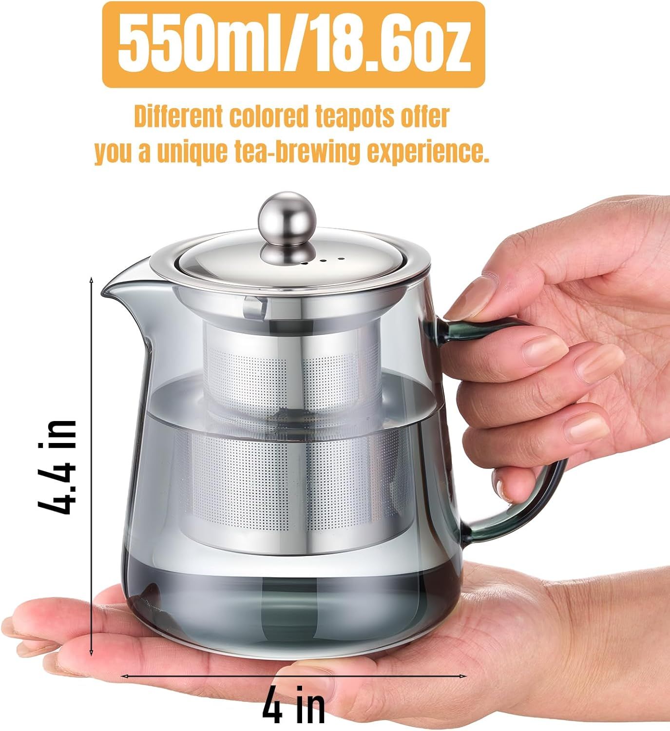 Glass Teapot with Removable Stainless Steel Infuser, Heat-Resistant Body, Secure Lid, and Ergonomic Handle—Ideal for Loose Leaf, Flower, Herbal, and Bagged Teas—Compact Design for Home, Office, or Travel Use (Silver) - Image 2