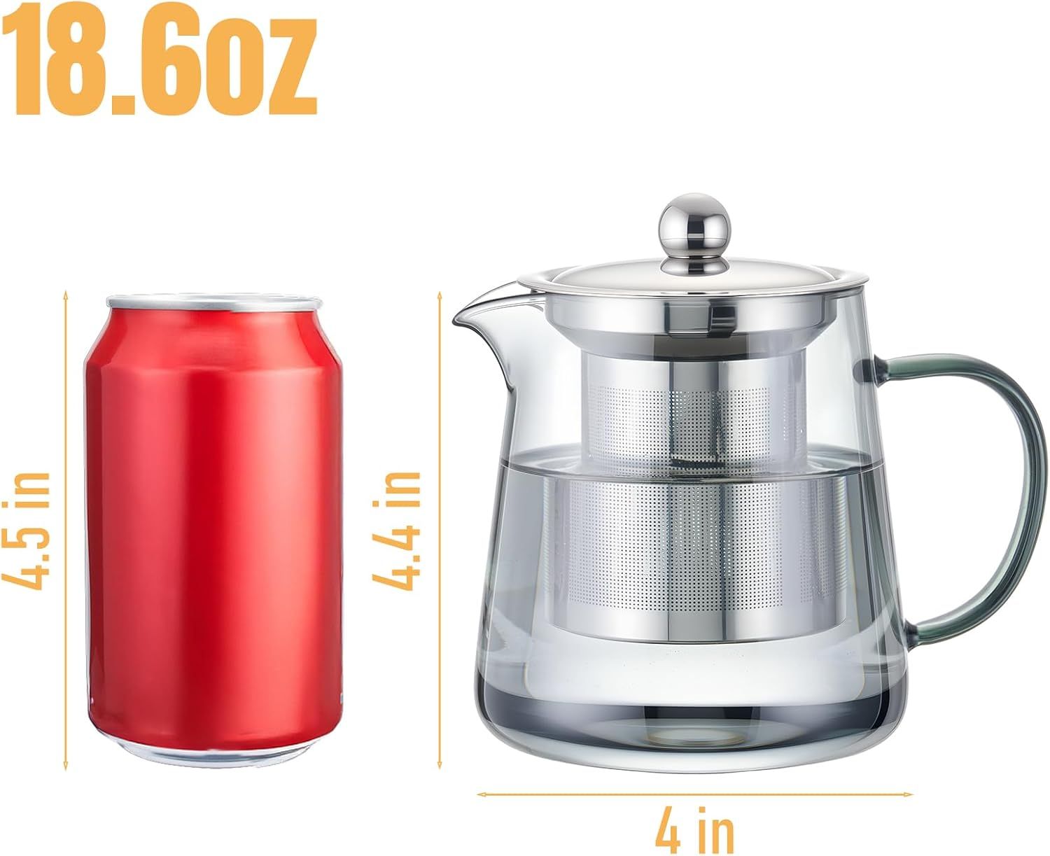 Glass Teapot with Removable Stainless Steel Infuser, Heat-Resistant Body, Secure Lid, and Ergonomic Handle—Ideal for Loose Leaf, Flower, Herbal, and Bagged Teas—Compact Design for Home, Office, or Travel Use (Silver) - Image 3