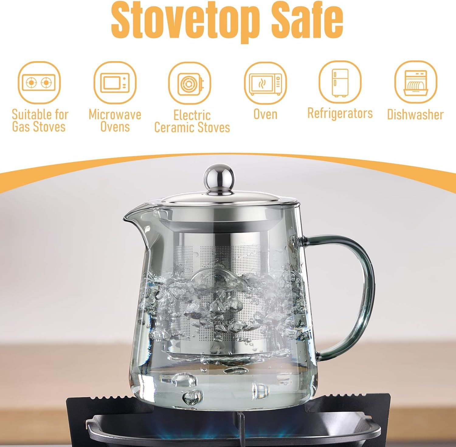 Glass Teapot with Removable Stainless Steel Infuser, Heat-Resistant Body, Secure Lid, and Ergonomic Handle—Ideal for Loose Leaf, Flower, Herbal, and Bagged Teas—Compact Design for Home, Office, or Travel Use (Silver) - Image 4