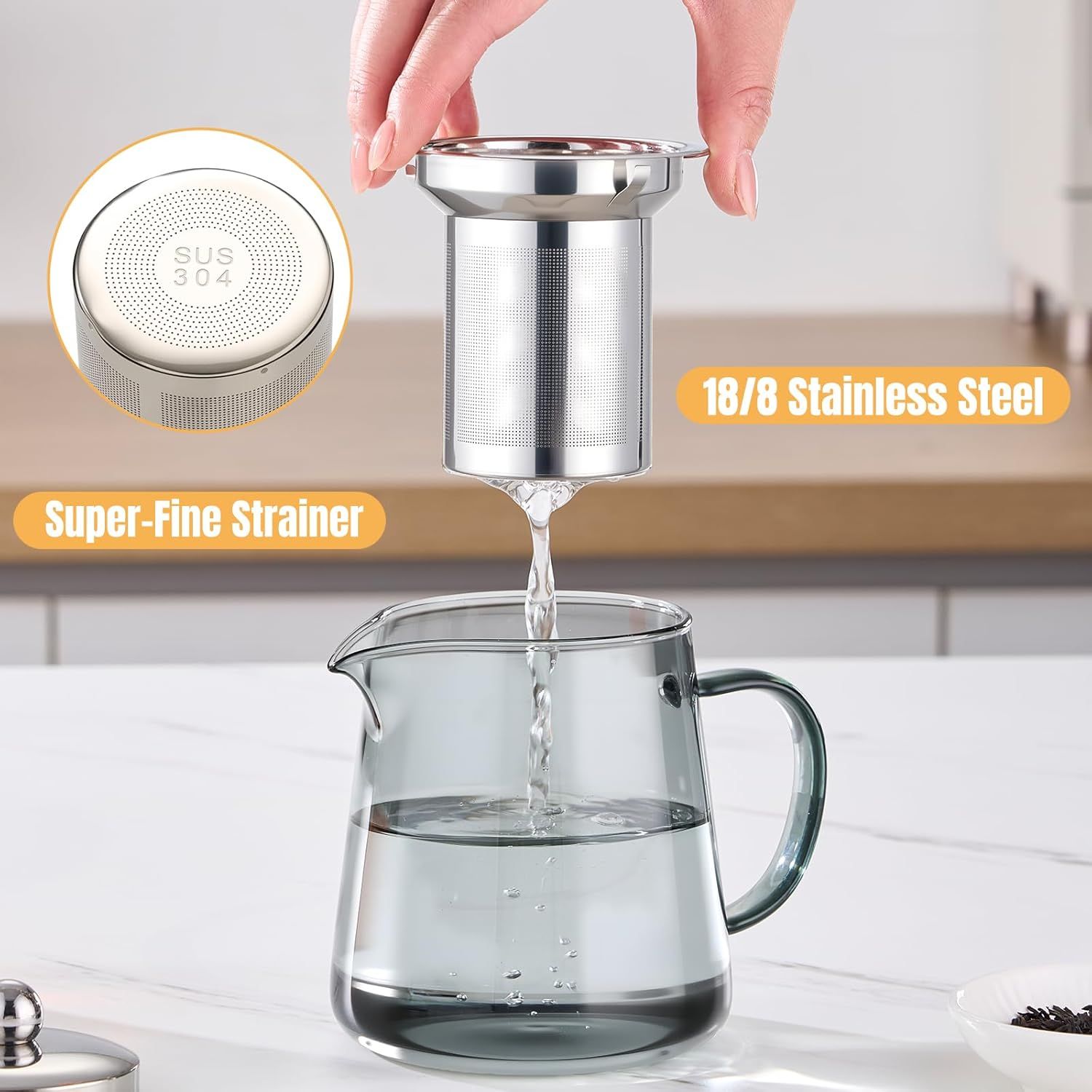 Glass Teapot with Removable Stainless Steel Infuser, Heat-Resistant Body, Secure Lid, and Ergonomic Handle—Ideal for Loose Leaf, Flower, Herbal, and Bagged Teas—Compact Design for Home, Office, or Travel Use (Silver) - Image 6
