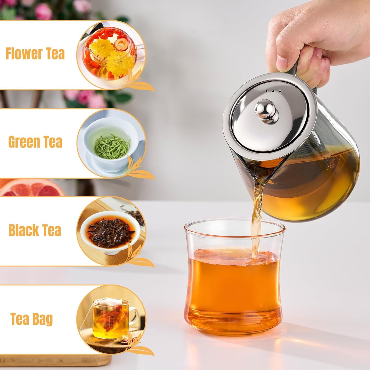 Glass Teapot with Removable Stainless Steel Infuser, Heat-Resistant Body, Secure Lid, and Ergonomic Handle—Ideal for Loose Leaf, Flower, Herbal, and Bagged Teas—Compact Design for Home, Office, or Travel Use (Silver) - Image 7