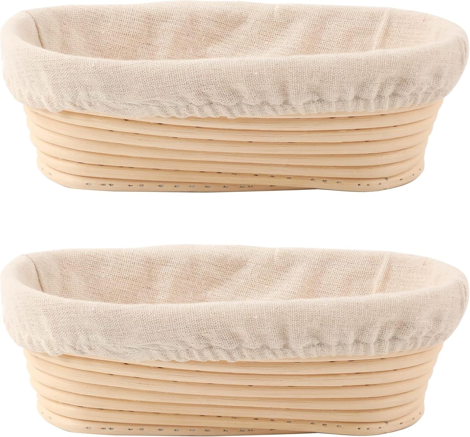 2 Pack Oval Sourdough Proofing Basket Set with Linen Liner, Natural Rattan Bread Fermentation Bowl for Artisan Baking, Splinter-Free Dough Rising Basket for Home Bakers (10 inch,Beige) - Image 1