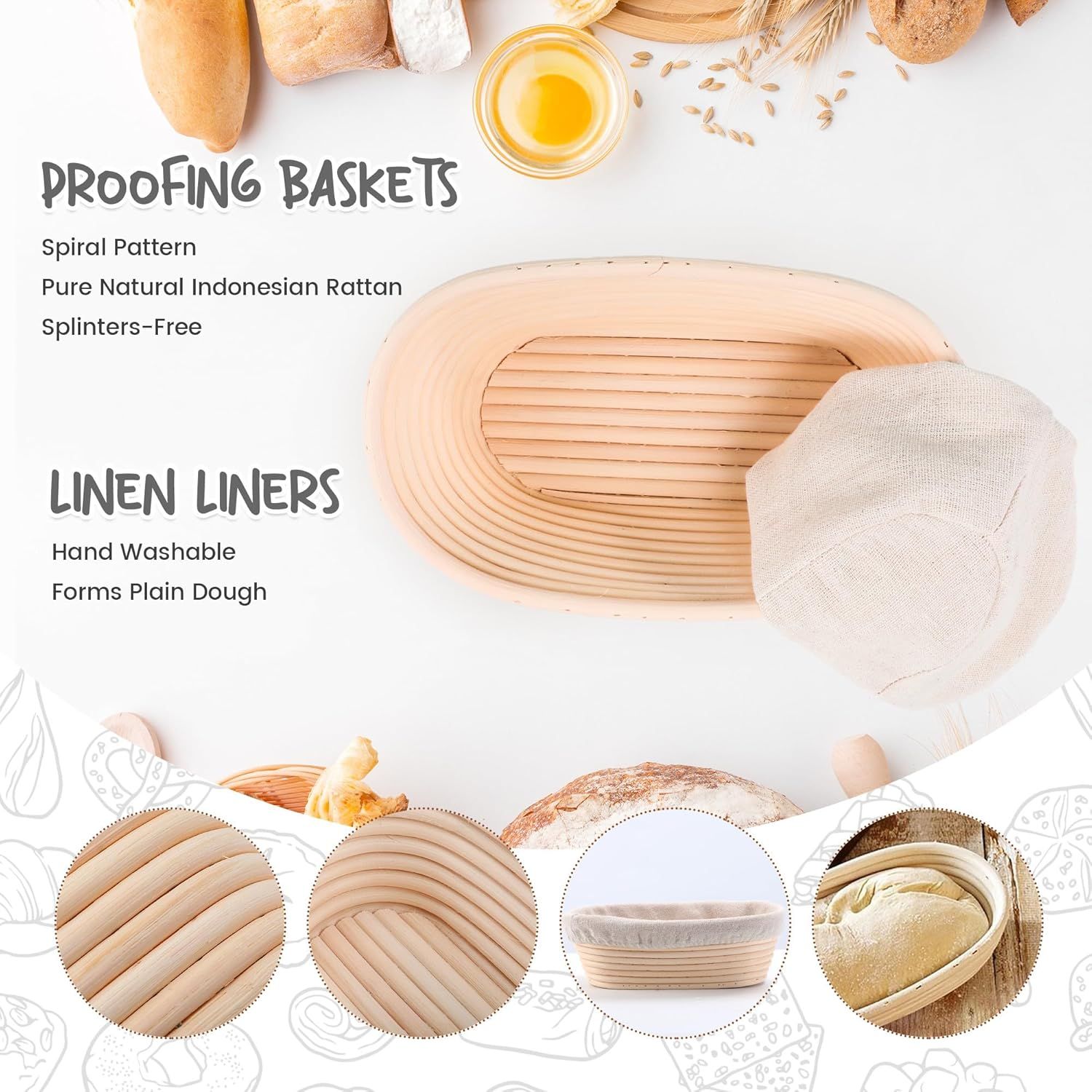 2 Pack Oval Sourdough Proofing Basket Set with Linen Liner, Natural Rattan Bread Fermentation Bowl for Artisan Baking, Splinter-Free Dough Rising Basket for Home Bakers (10 inch,Beige) - Image 2