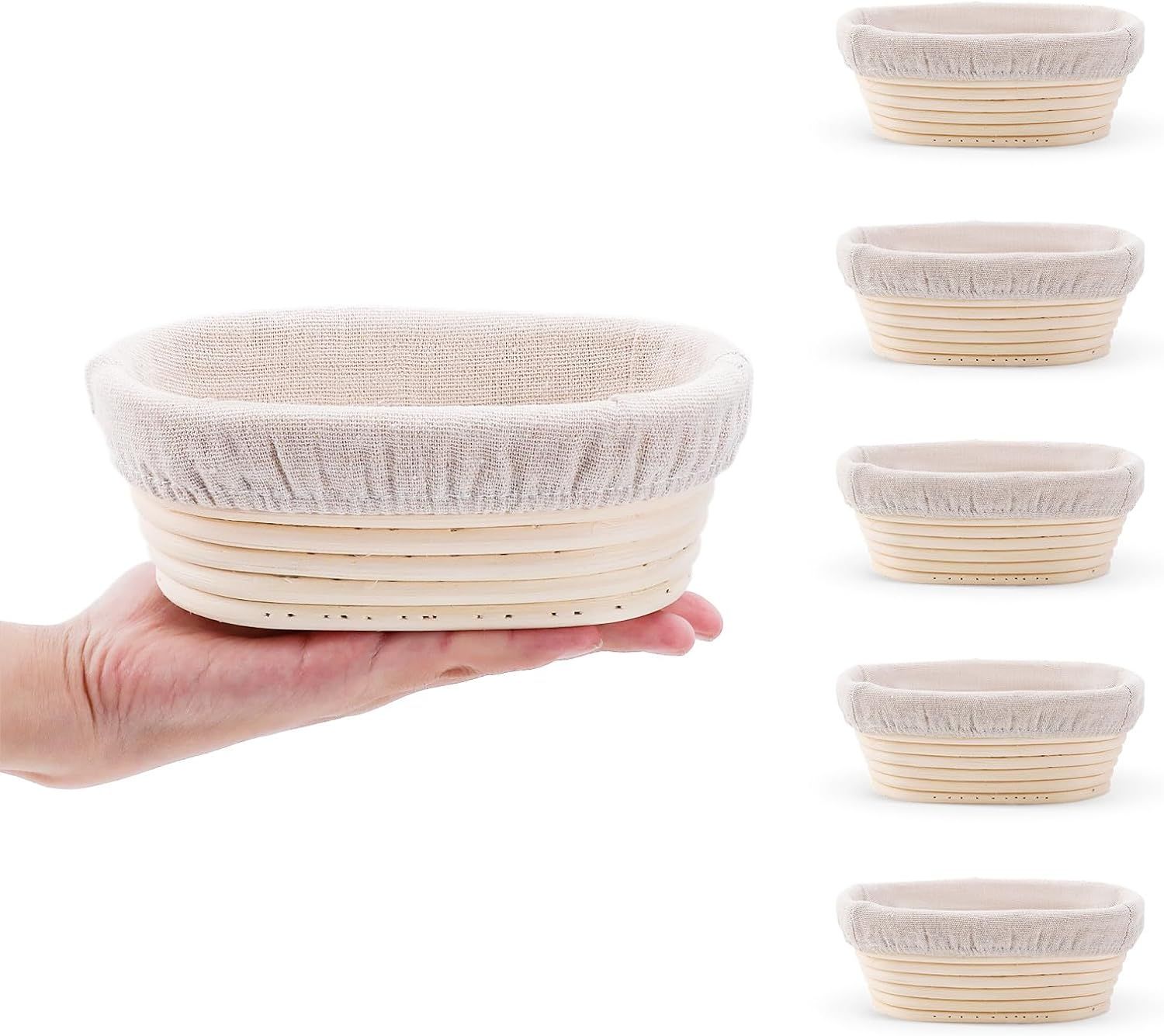5 Pack Oval Sourdough Proofing Basket Set with Linen Liner, Natural Rattan Bread Fermentation Bowl for Artisan Baking, Splinter-Free Dough Rising Basket for Home Bakers (6.5inch,Beige) - Image 1