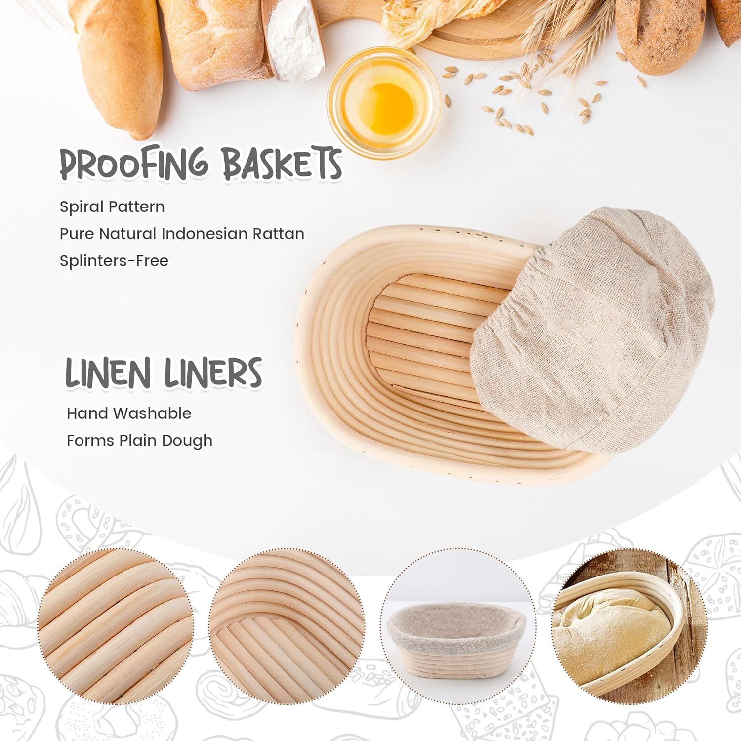 5 Pack Oval Sourdough Proofing Basket Set with Linen Liner, Natural Rattan Bread Fermentation Bowl for Artisan Baking, Splinter-Free Dough Rising Basket for Home Bakers (6.5inch,Beige) - Image 2