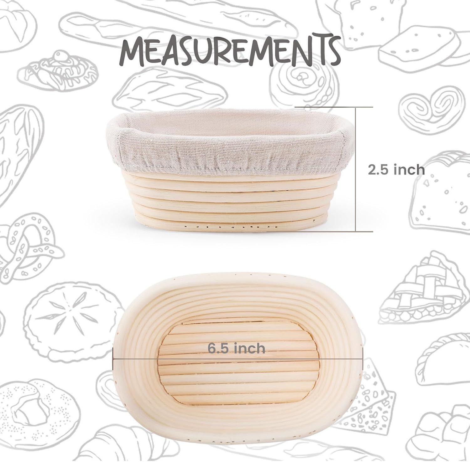 5 Pack Oval Sourdough Proofing Basket Set with Linen Liner, Natural Rattan Bread Fermentation Bowl for Artisan Baking, Splinter-Free Dough Rising Basket for Home Bakers (6.5inch,Beige) - Image 3