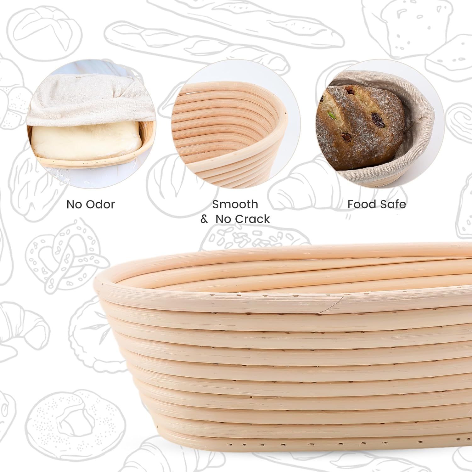 5 Pack Oval Sourdough Proofing Basket Set with Linen Liner, Natural Rattan Bread Fermentation Bowl for Artisan Baking, Splinter-Free Dough Rising Basket for Home Bakers (6.5inch,Beige) - Image 5