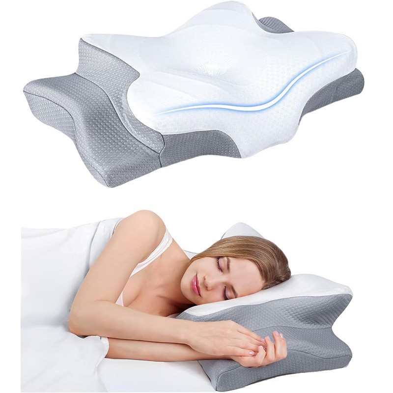 High-Performance Butterfly Memory Foam Pillow – 15° Cervical Support, Cooling Gel Cover, Ergonomic Contour Design for Neck Pain Relief & Deep Sleep – Ideal for Side & Back Sleepers (White & Gray) - Image 1