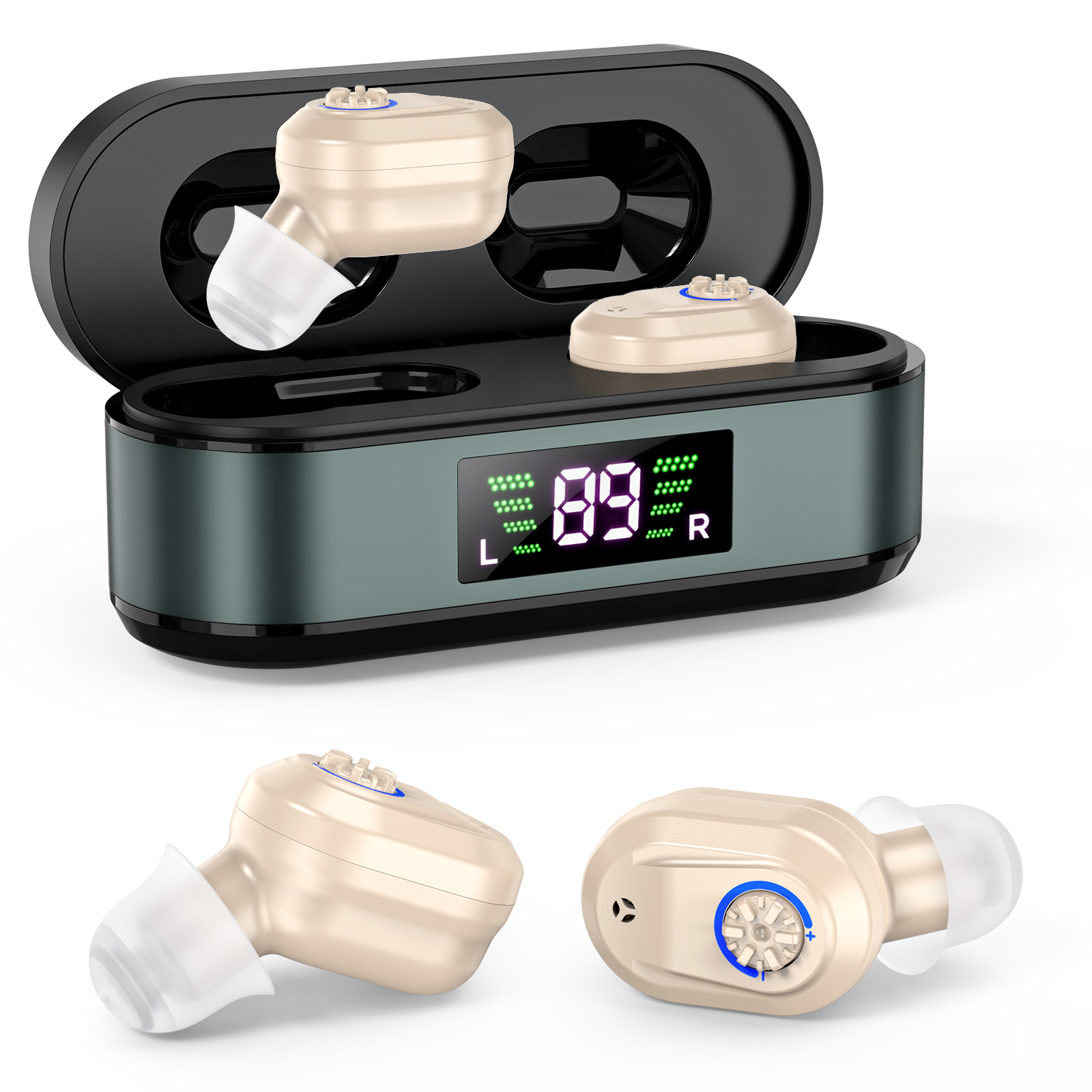 Rechargeable In-the-Ear Hearing Aids with Charging Case and LCD Display – Ultra-Compact Sound Amplifier for Seniors (Black & Green Case, Skin Tone Device) - Image 1